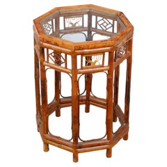 Midcentury Octagonal Bamboo Side Table with Glass Top and Geometric Motifs