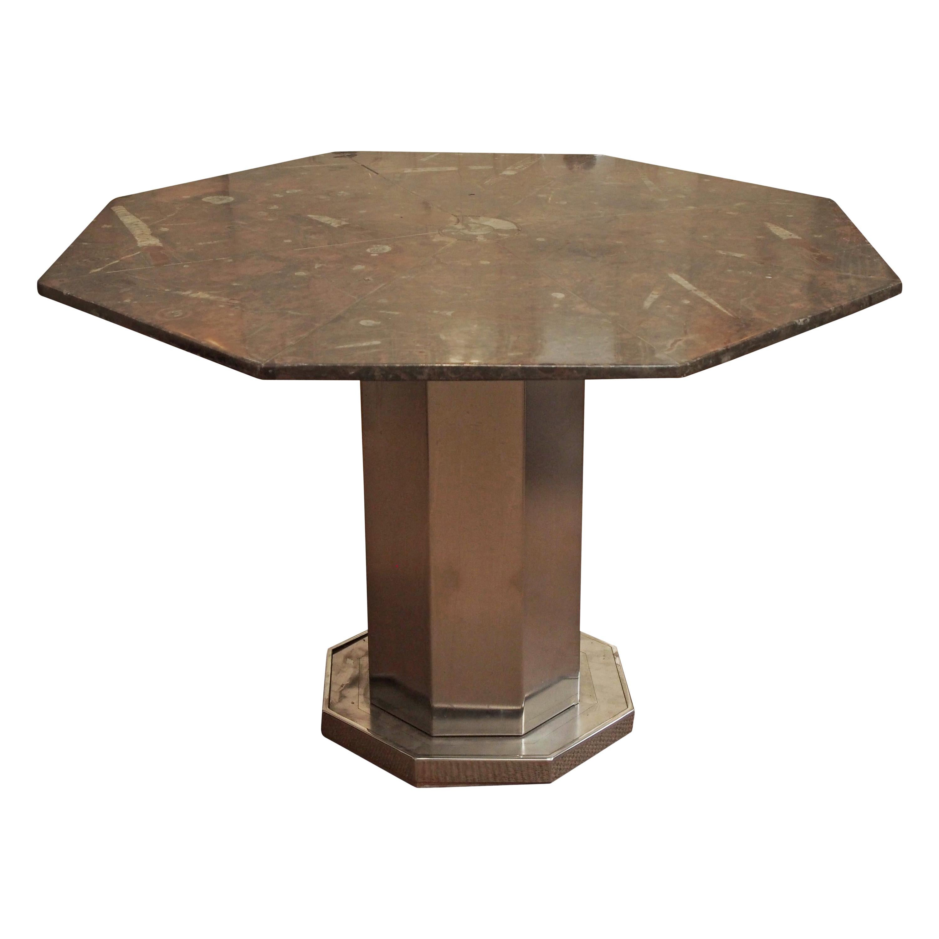 Midcentury Octagonal Table of Fossil Marble with Metal Base, Origin of France
