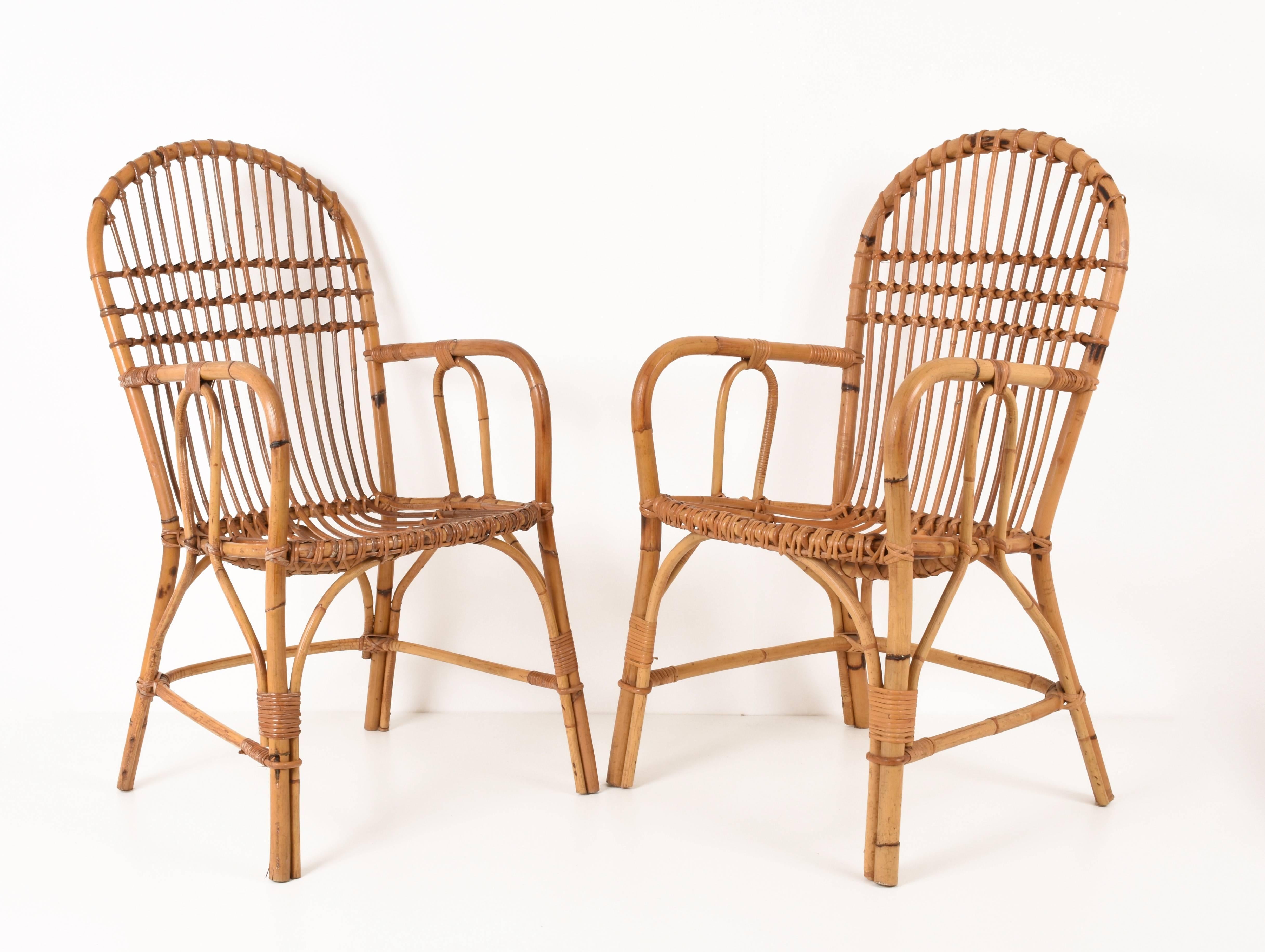 Midcentury of Bamboo and Wicker Armchairs Franco Albini Style, Italy, 1960s 5