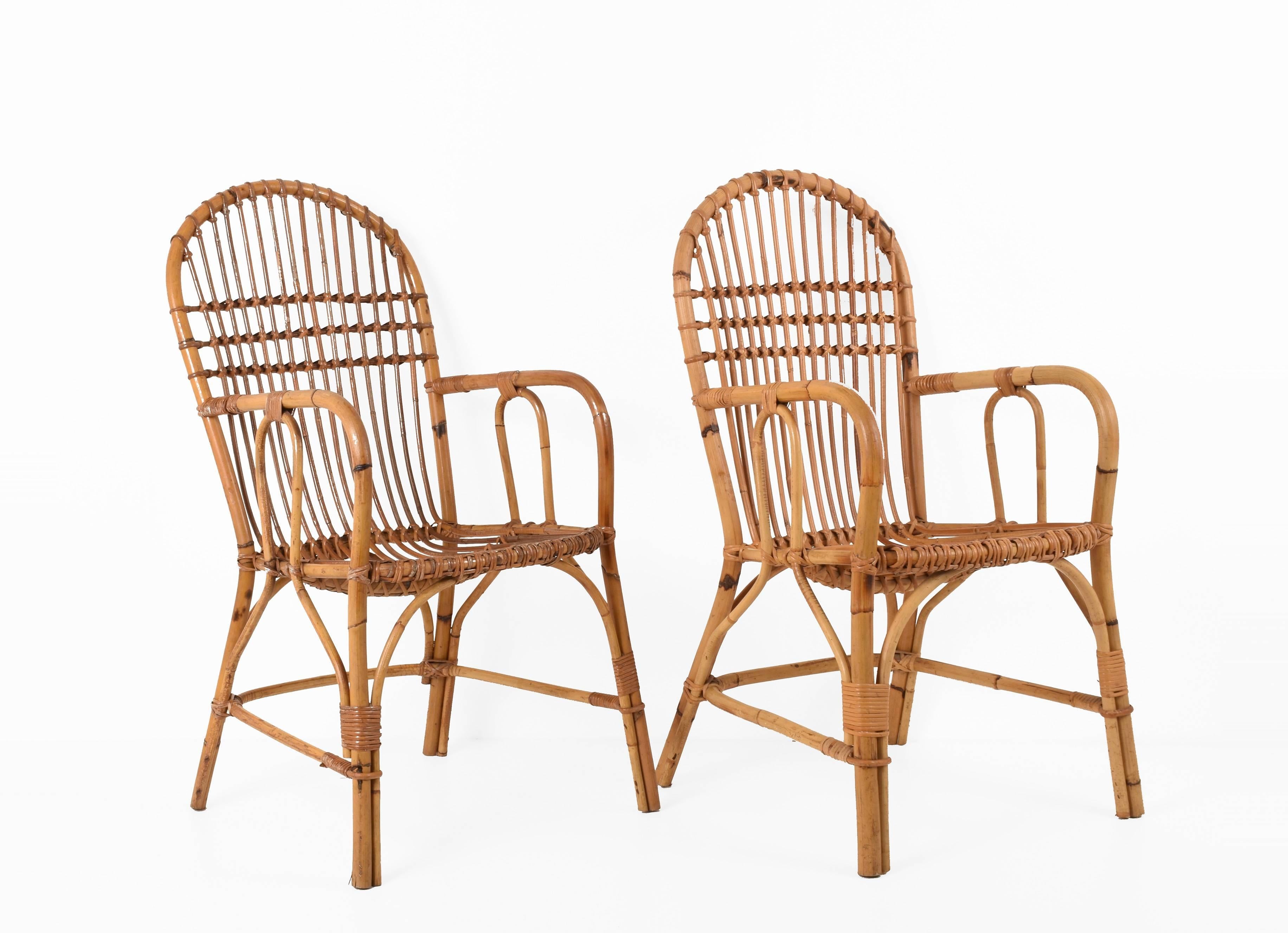Midcentury of Bamboo and Wicker Armchairs Franco Albini Style, Italy, 1960s 7