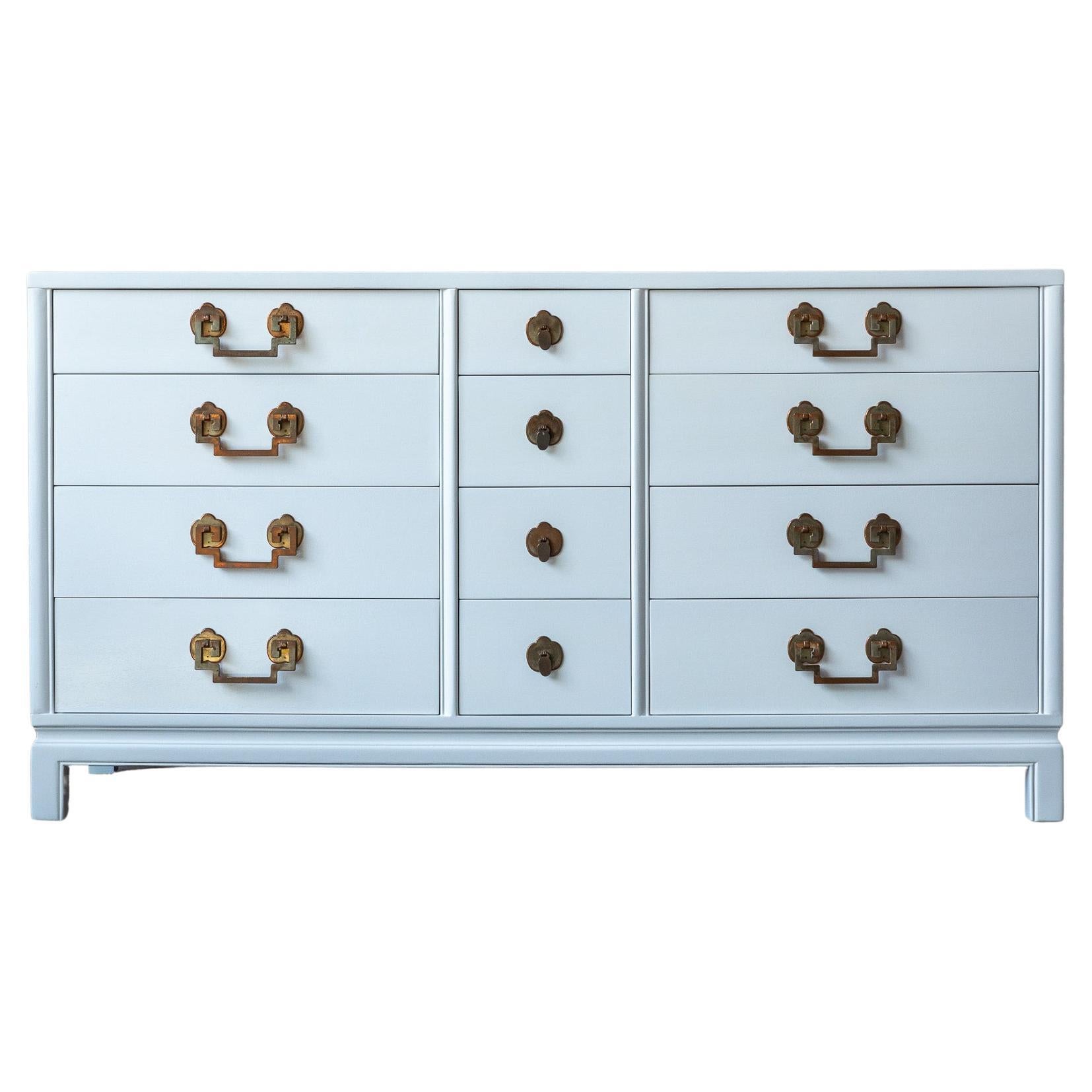 Midcentury Off-White Lacquered Landstrom 12 Drawer Dresser with Copper Pulls For Sale