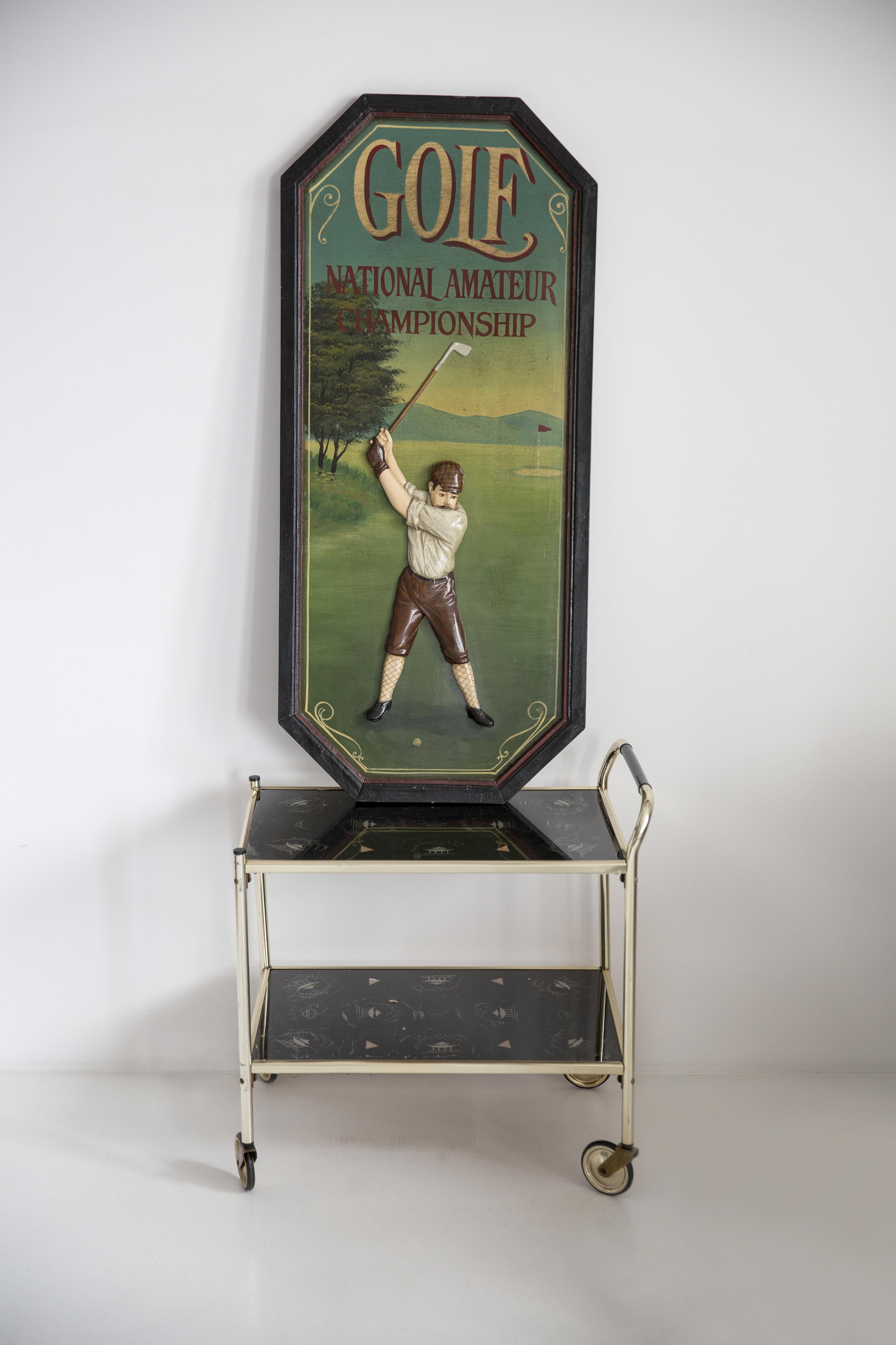 Midcentury Oil Championship Golf Club Painting, Brown Wood Frame, 1960s, Europe For Sale 4