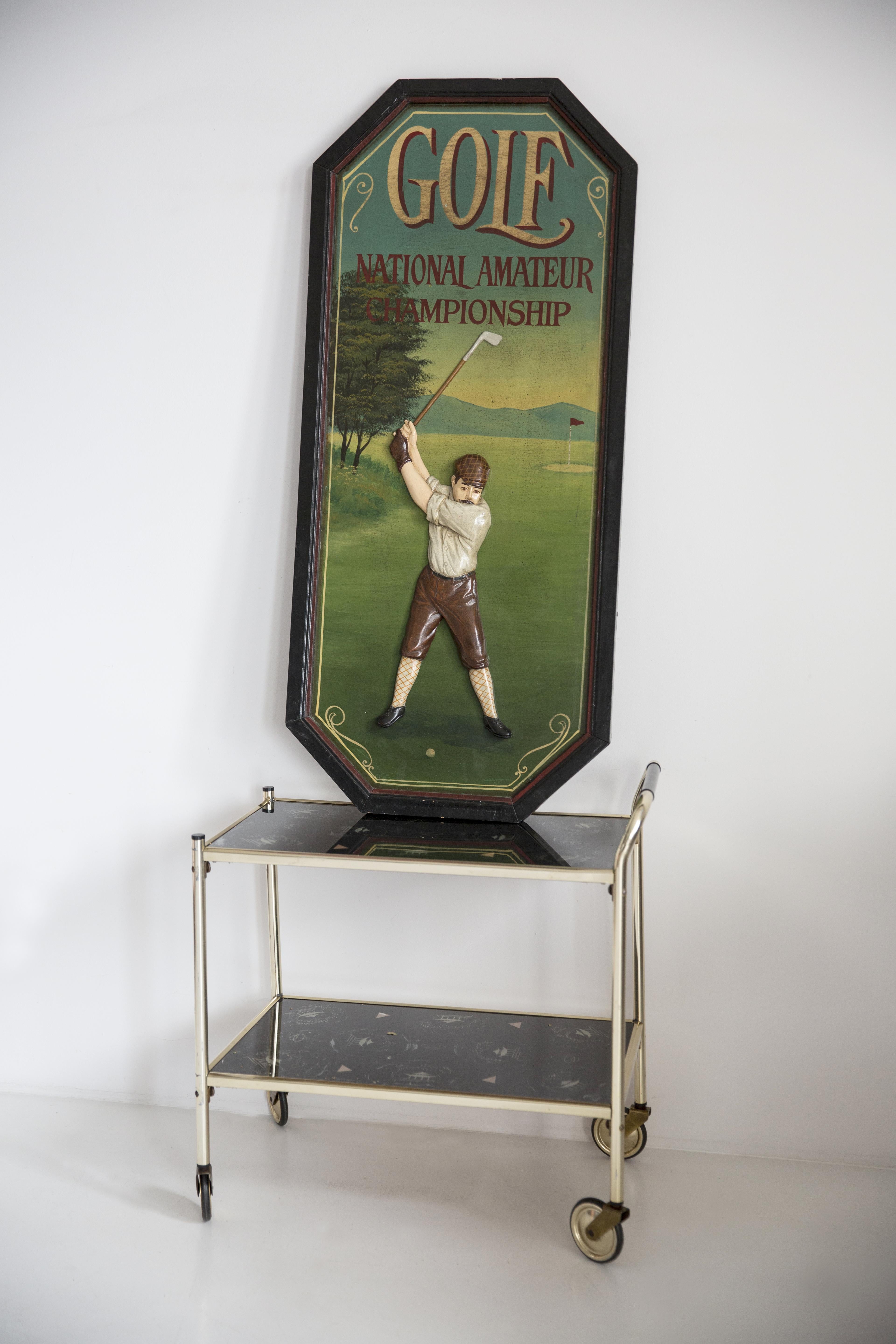 Midcentury Oil Championship Golf Club Painting, Brown Wood Frame, 1960s, Europe For Sale 5