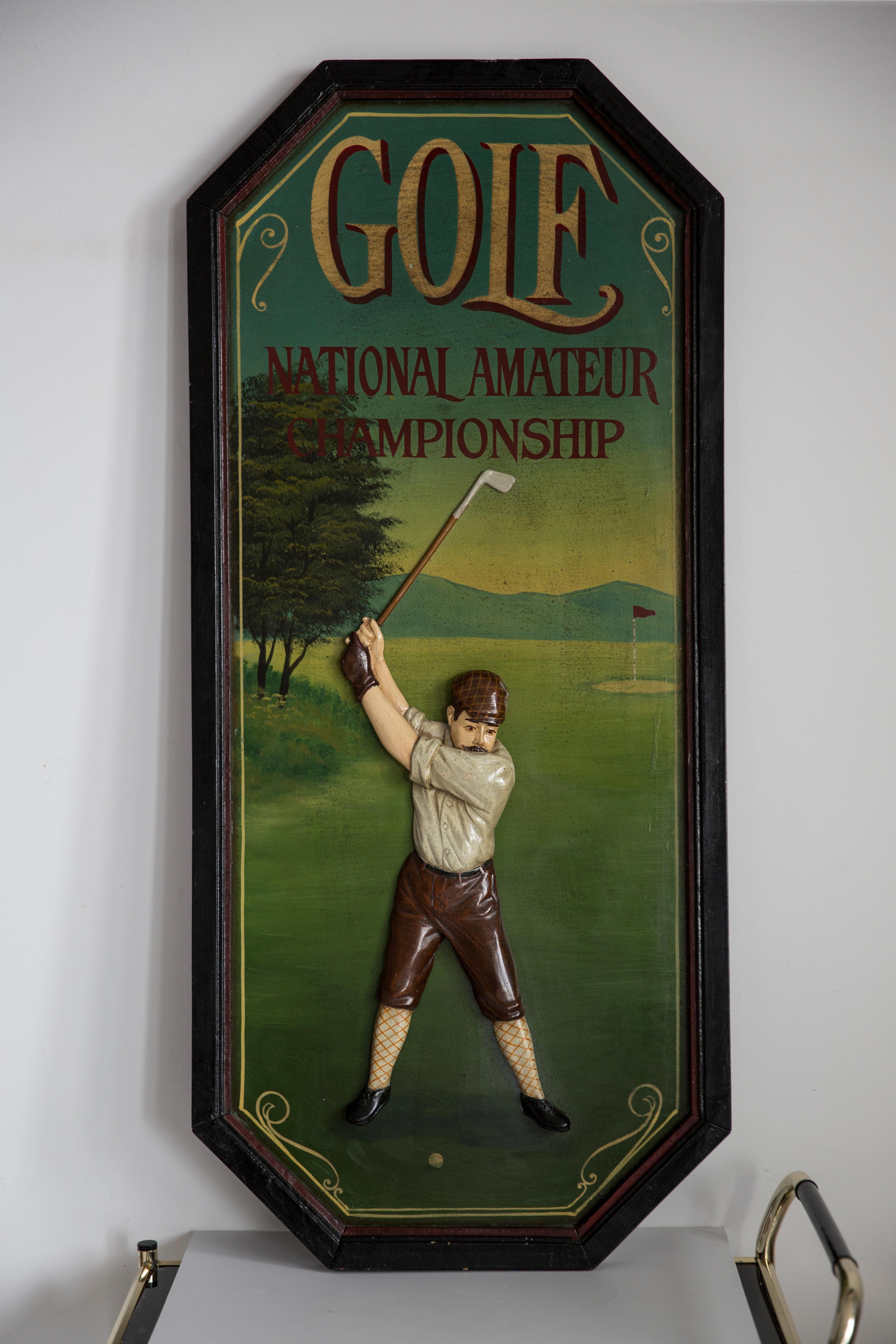 Oil painting with Golf motive. Hand painted in England. 
In the set of gold wood frame. Very nice decoration for every interior. 
Only one unique piece.