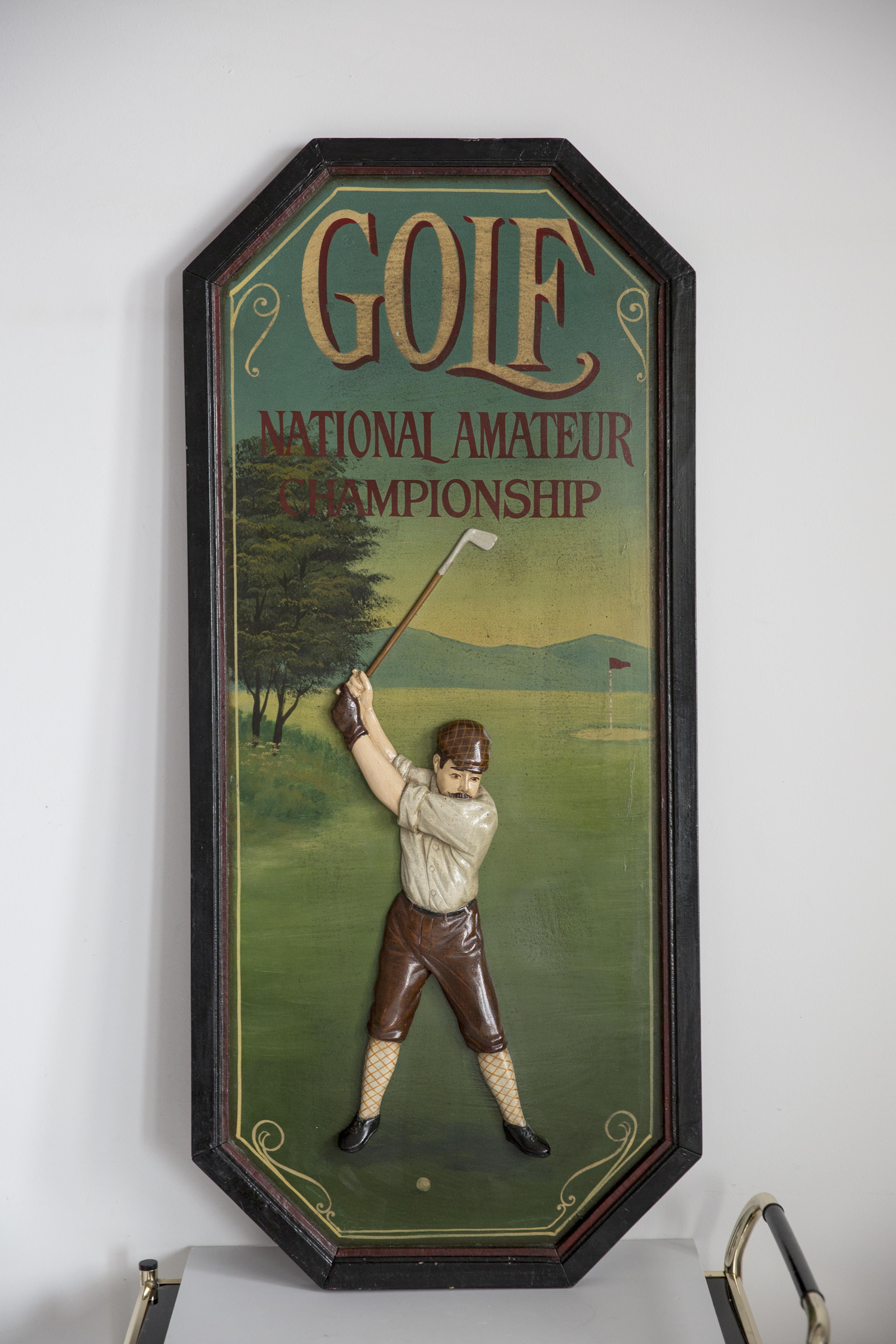 Mid-Century Modern Midcentury Oil Championship Golf Club Painting, Brown Wood Frame, 1960s, Europe For Sale