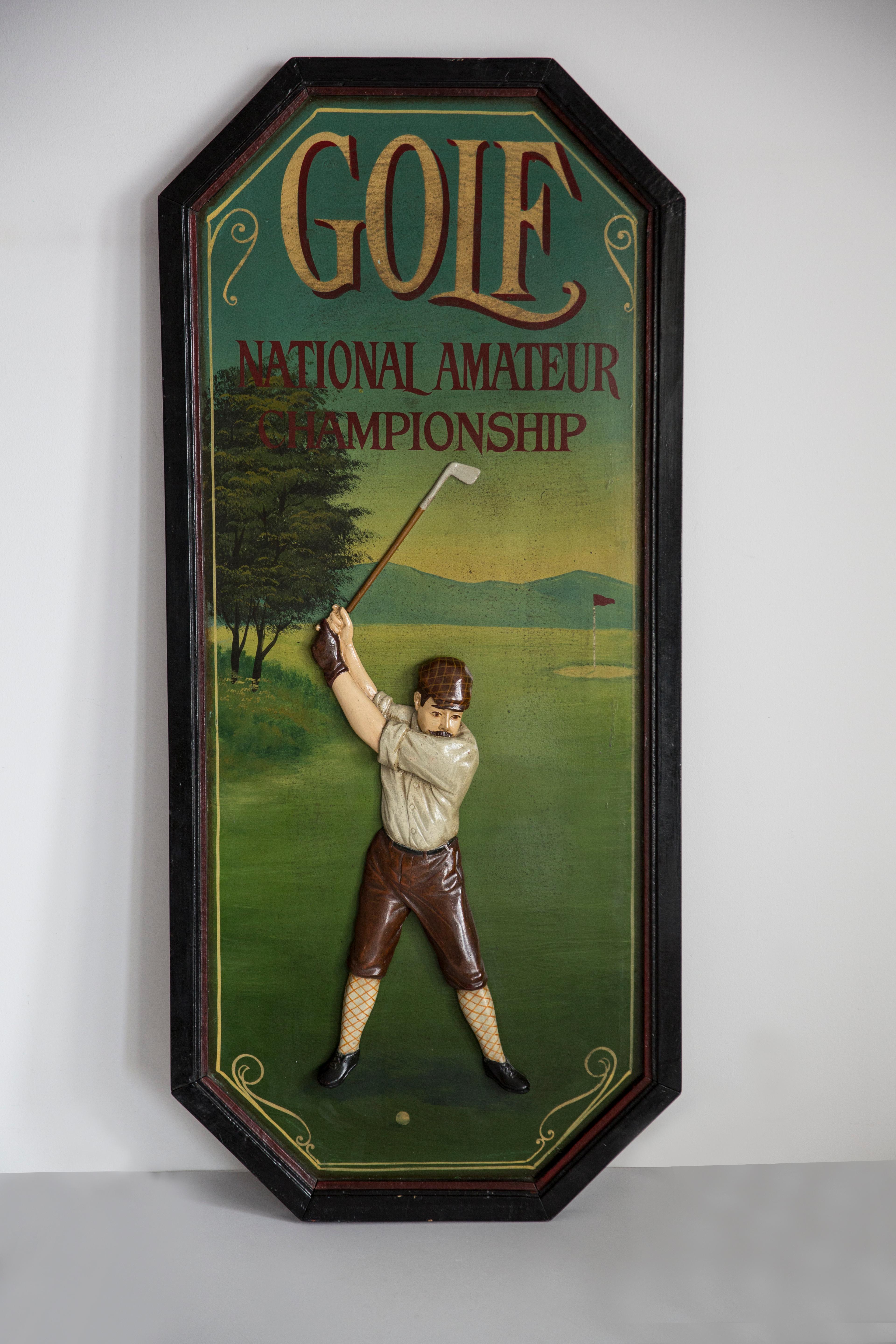 English Midcentury Oil Championship Golf Club Painting, Brown Wood Frame, 1960s, Europe For Sale