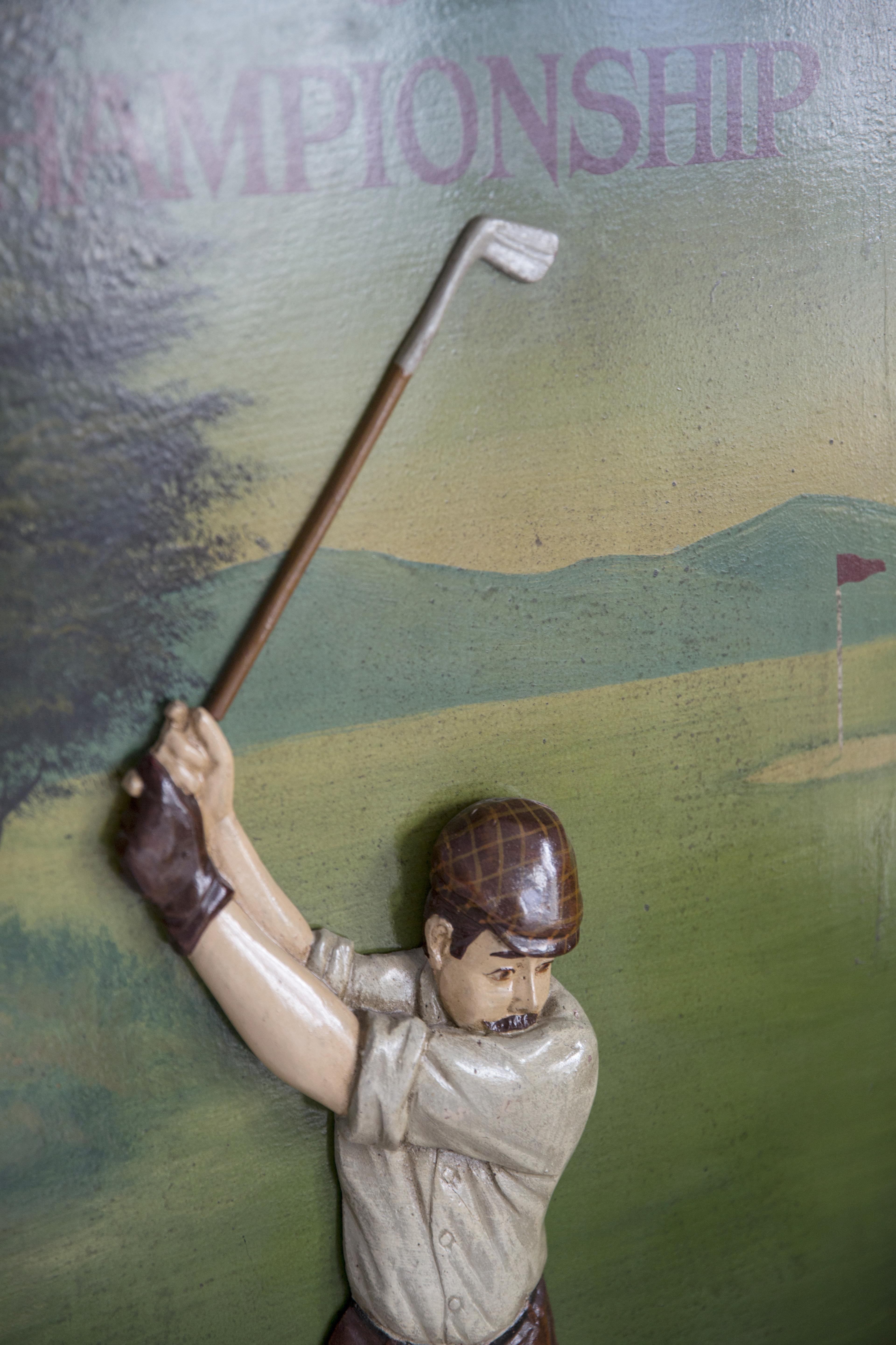 Hand-Painted Midcentury Oil Championship Golf Club Painting, Brown Wood Frame, 1960s, Europe For Sale