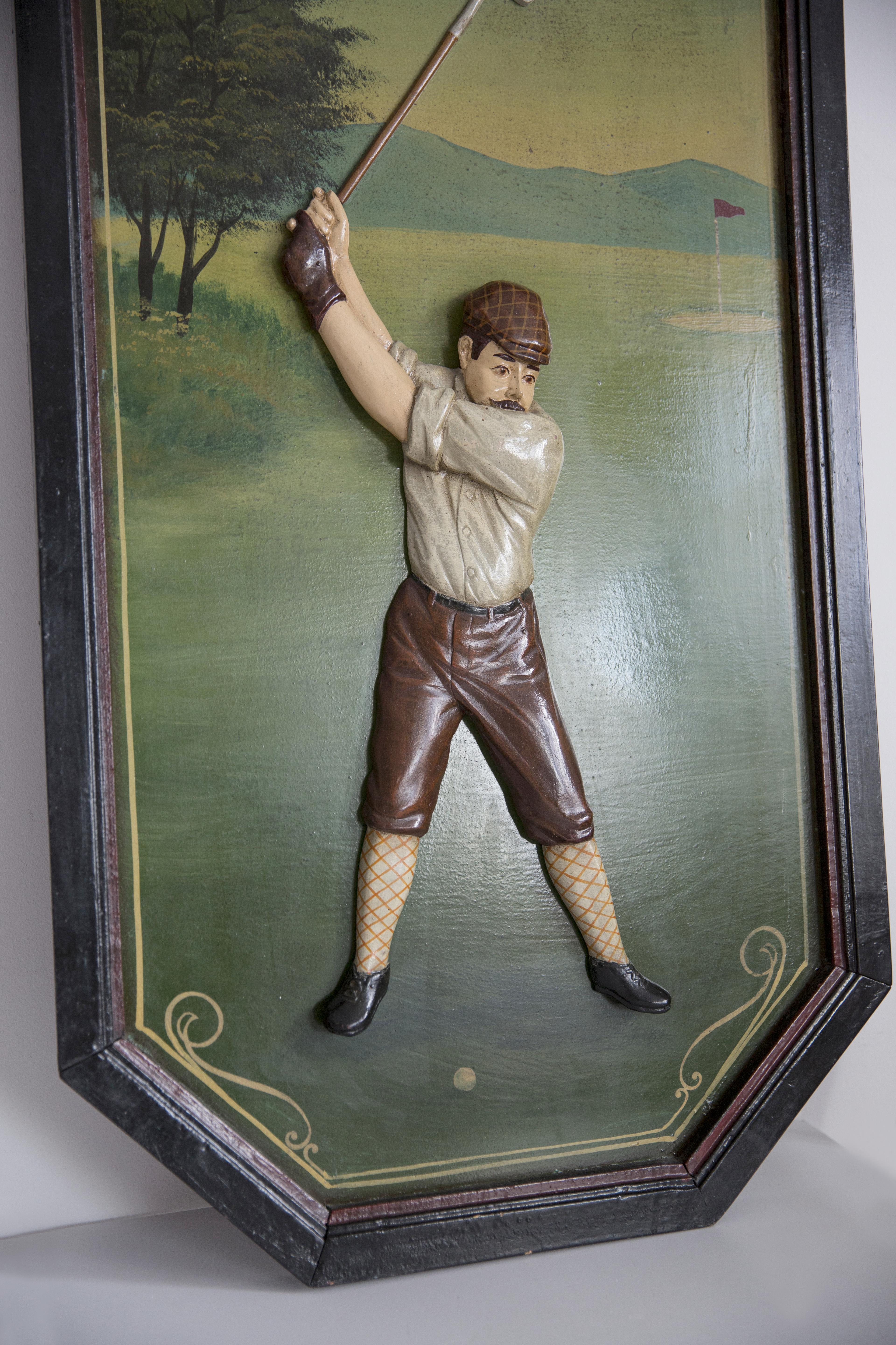 Midcentury Oil Championship Golf Club Painting, Brown Wood Frame, 1960s, Europe In Good Condition For Sale In 05-080 Hornowek, PL