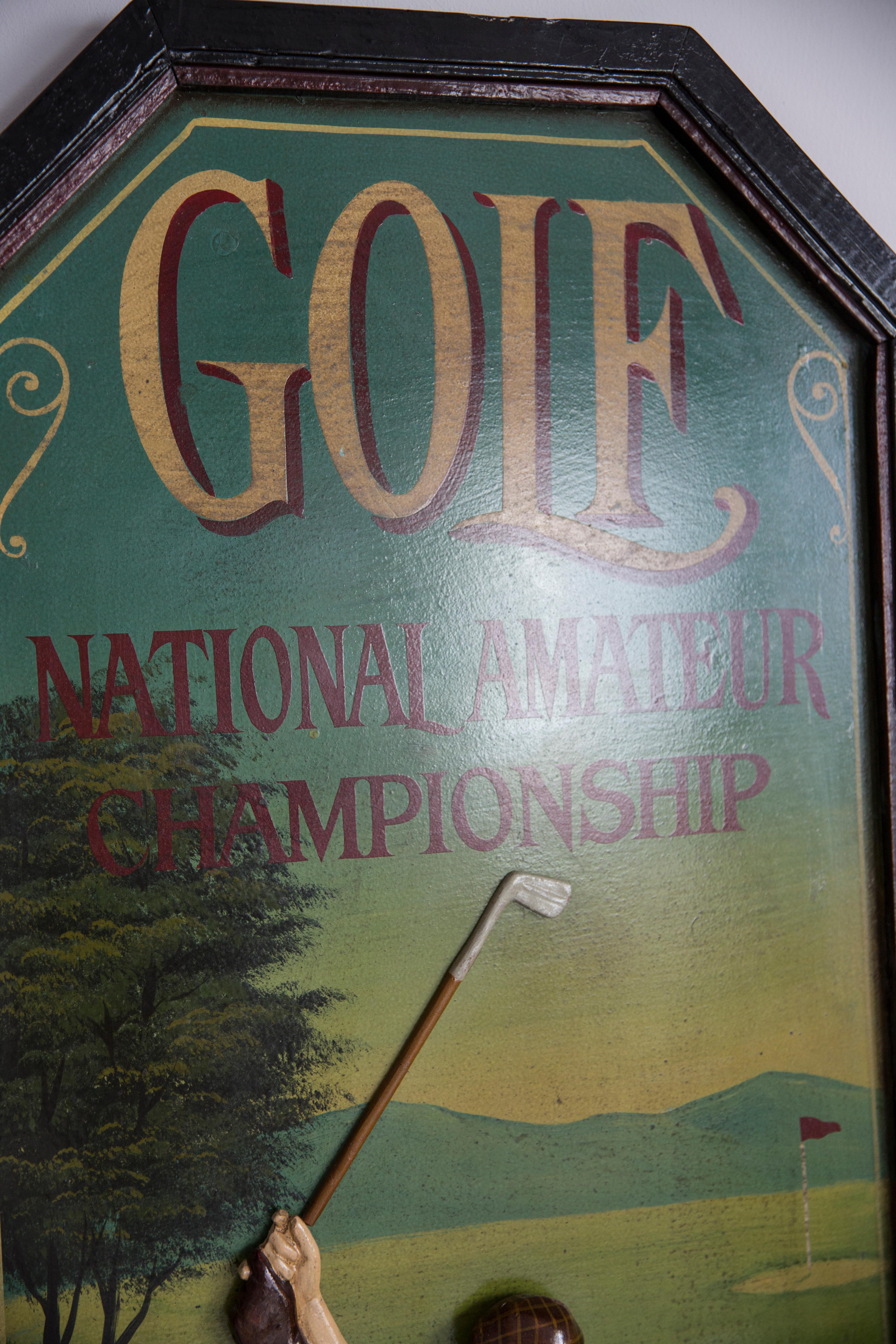 Late 20th Century Midcentury Oil Championship Golf Club Painting, Brown Wood Frame, 1960s, Europe For Sale