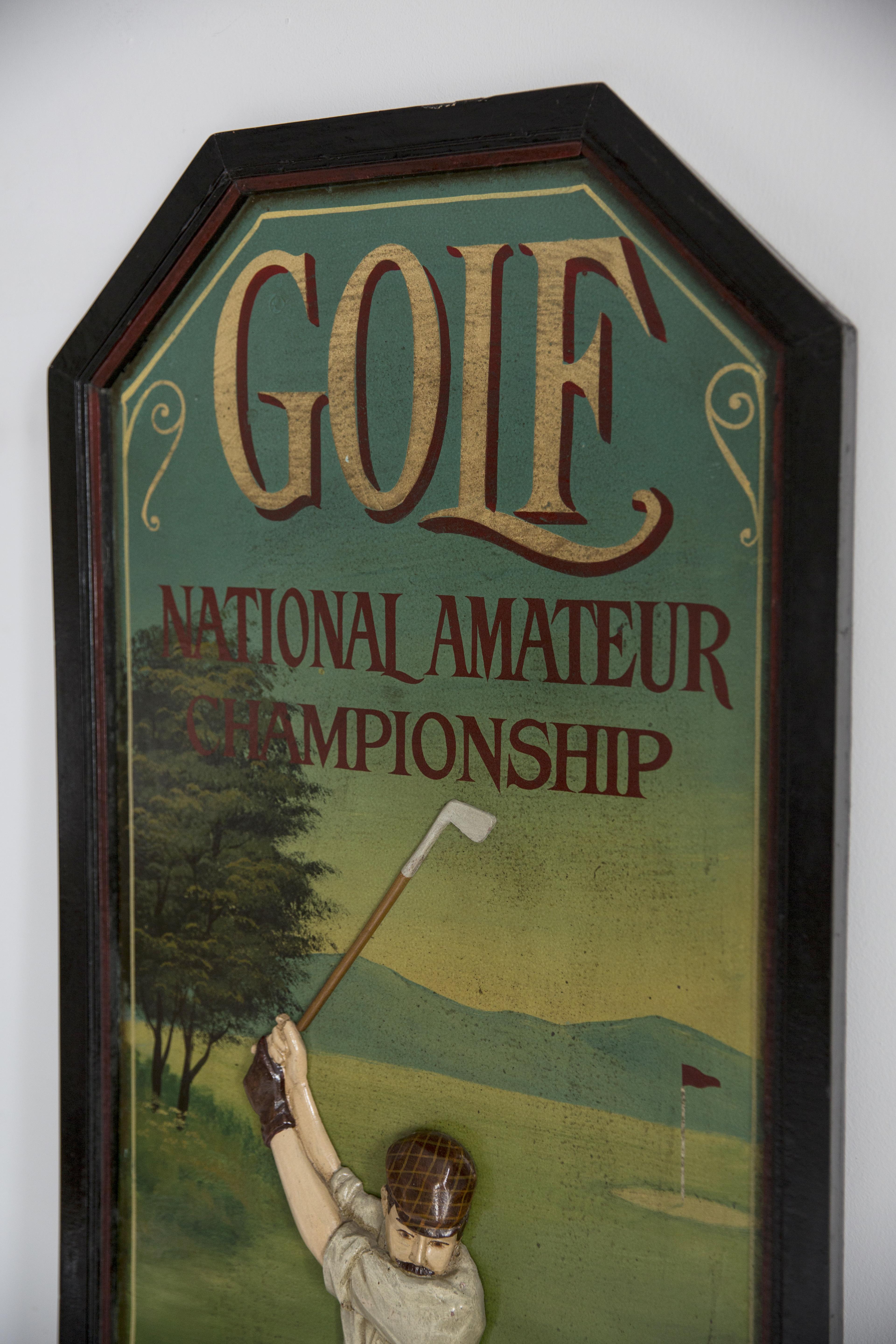 Midcentury Oil Championship Golf Club Painting, Brown Wood Frame, 1960s, Europe For Sale 1