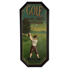 Peinture à l'huile du milieu du siècle représentant un club de golf de championnat, cadre en Wood Wood Brown, années 1960, Europe