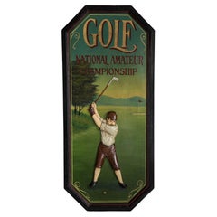 Retro Midcentury Oil Championship Golf Club Painting, Brown Wood Frame, 1960s, Europe