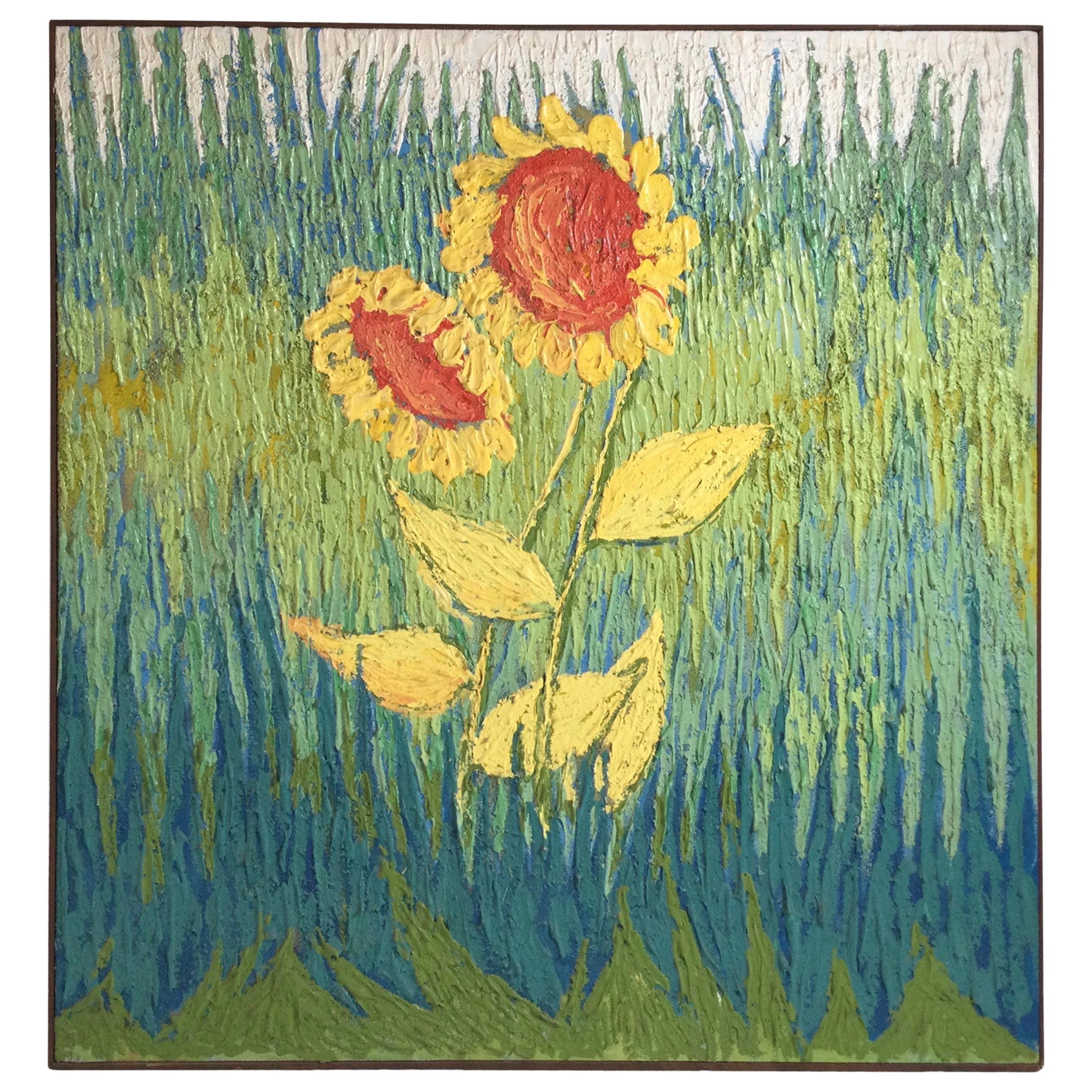 Midcentury Oil on Canvas of Sunflowers