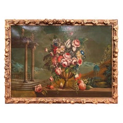 Midcentury Oil on Canvas Still Life Painting in Carved Gilt Frame