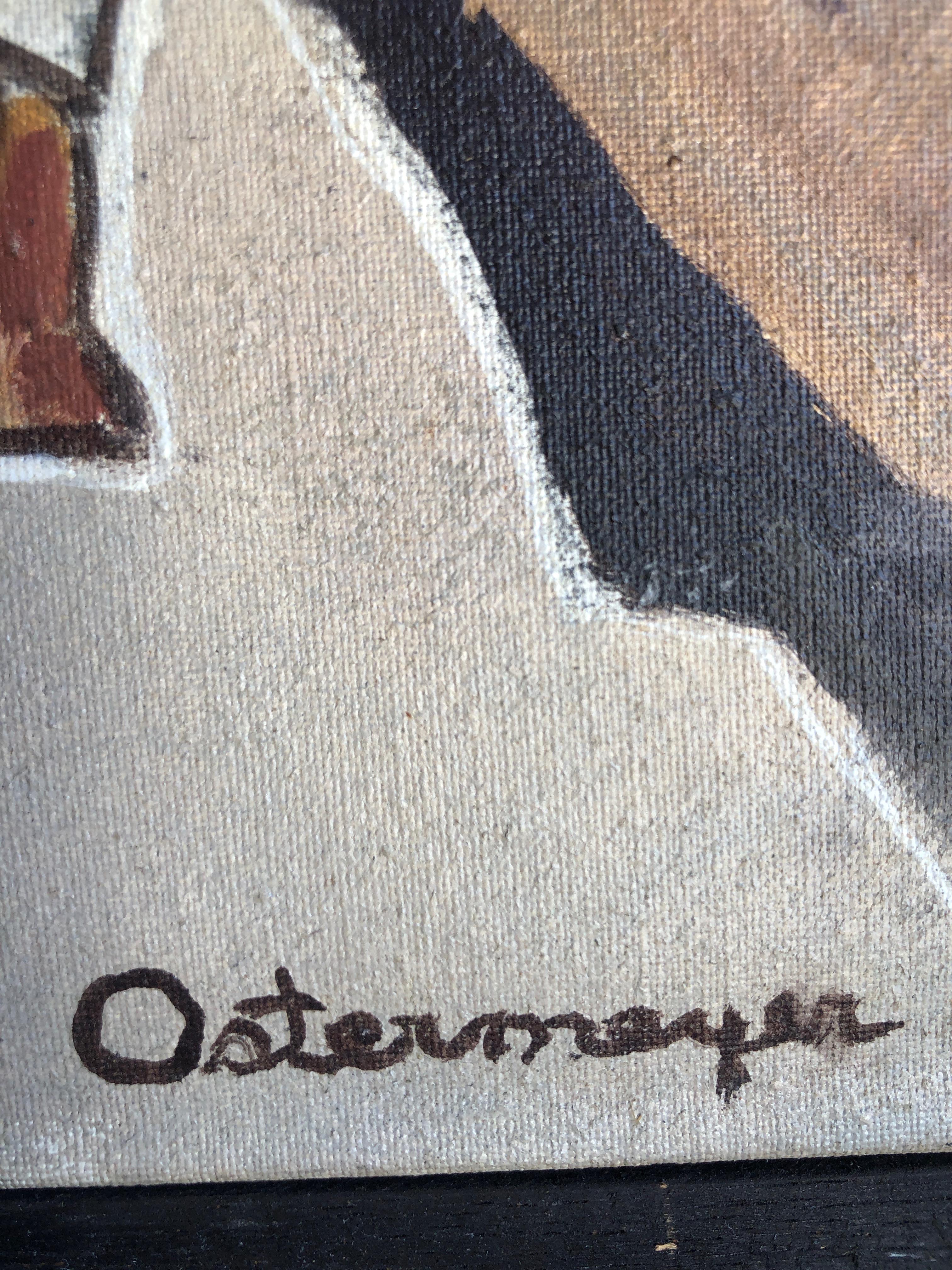 This is a fantastic midcentury oil on canvas of a man and his duck by Seattle artist F. Ostermeyer. Signed on front 