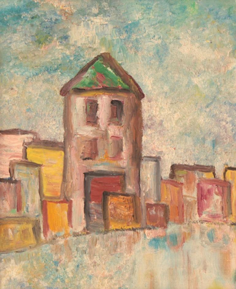 Steven Sles Stadtlandschaft, Öl auf Leinen, Gemälde, 1957  (Moderne der Mitte des Jahrhunderts) im Angebot