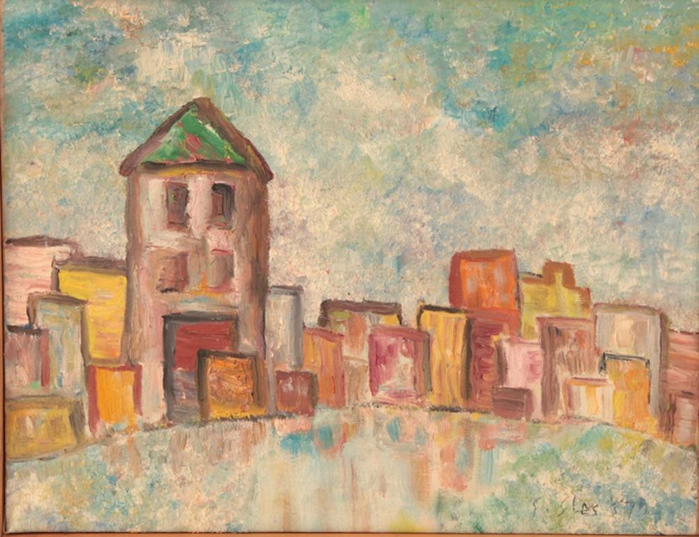 Steven Sles Stadtlandschaft, Öl auf Leinen, Gemälde, 1957  (amerikanisch) im Angebot