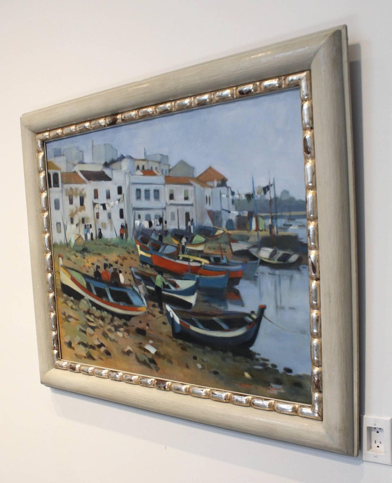 Midcentury Oil Painting of French Port by Artist Tanguy Le Roy For Sale