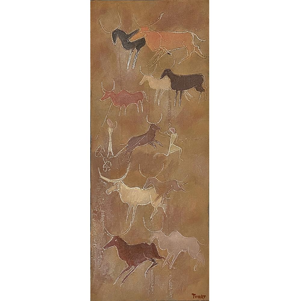 Midcentury oil painting on canvas by Fouat Michel is an intriguing example of the artist's work, wherein he recreates the cave drawings that are found in special places across the globe, especially in France and the USA. Since the cave drawings
