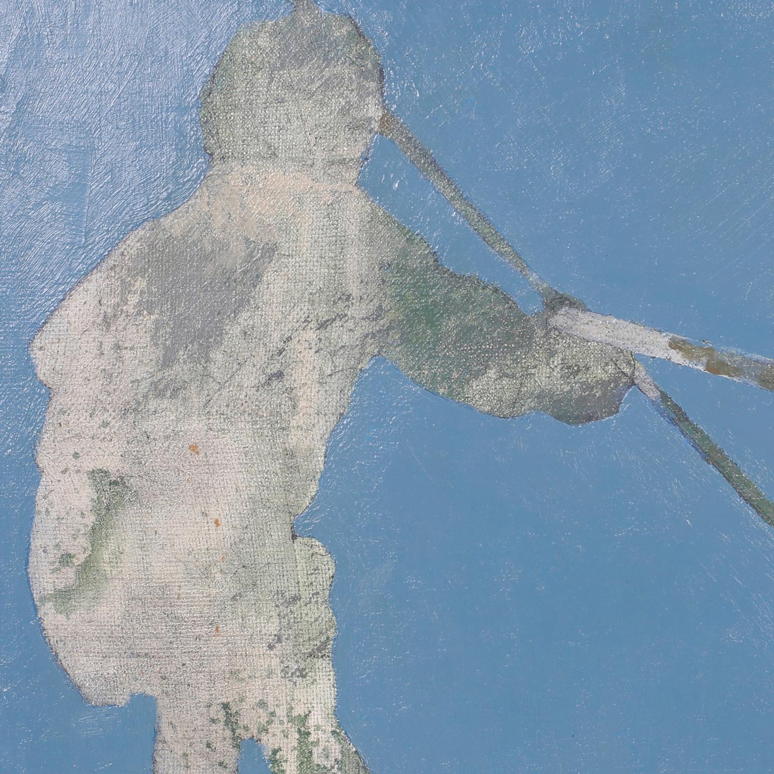 20ième siècle Peinture à l'huile sur toile du milieu du siècle dernier représentant des garçons pêchent