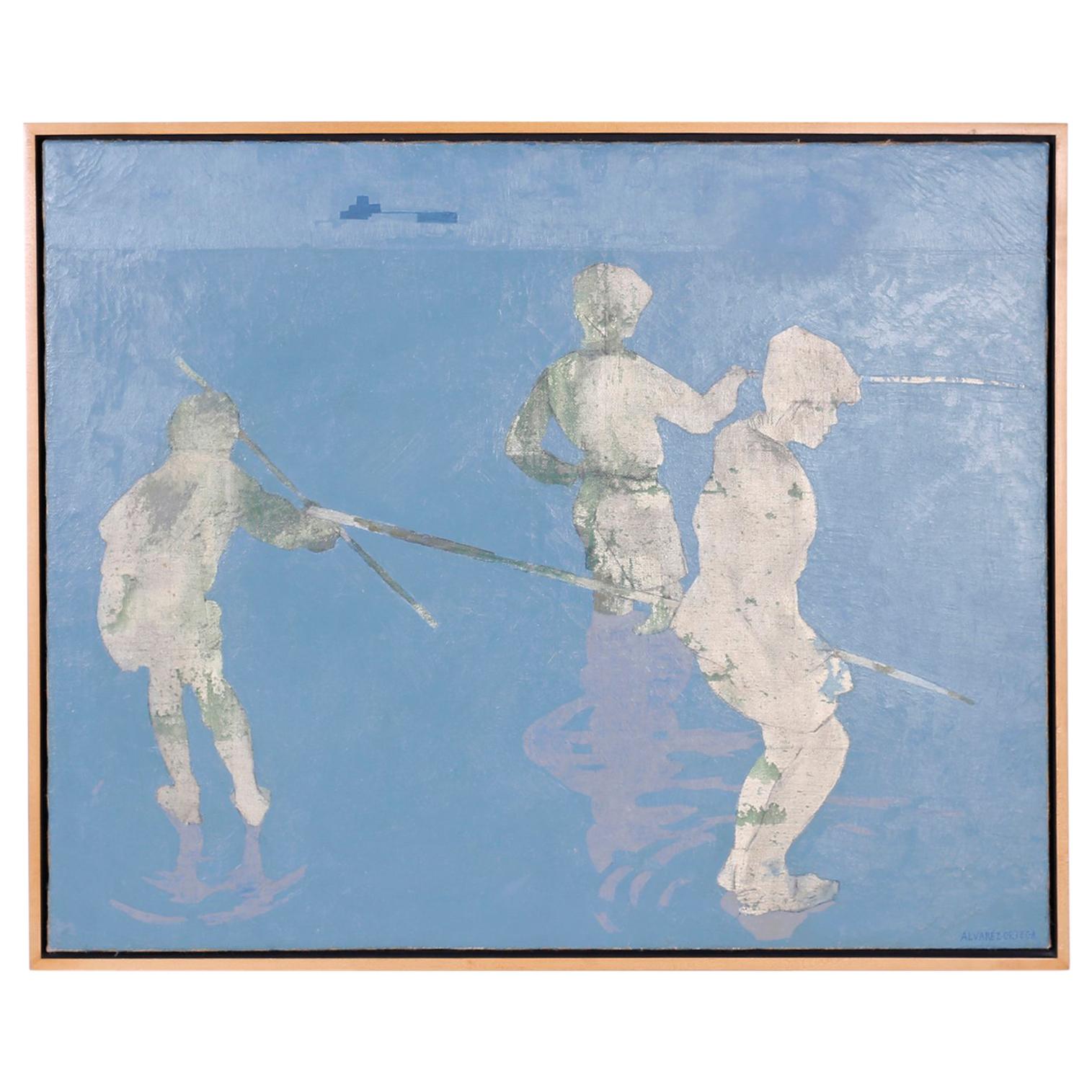 Midcentury Oil Painting on Canvas of Boys Fishing For Sale