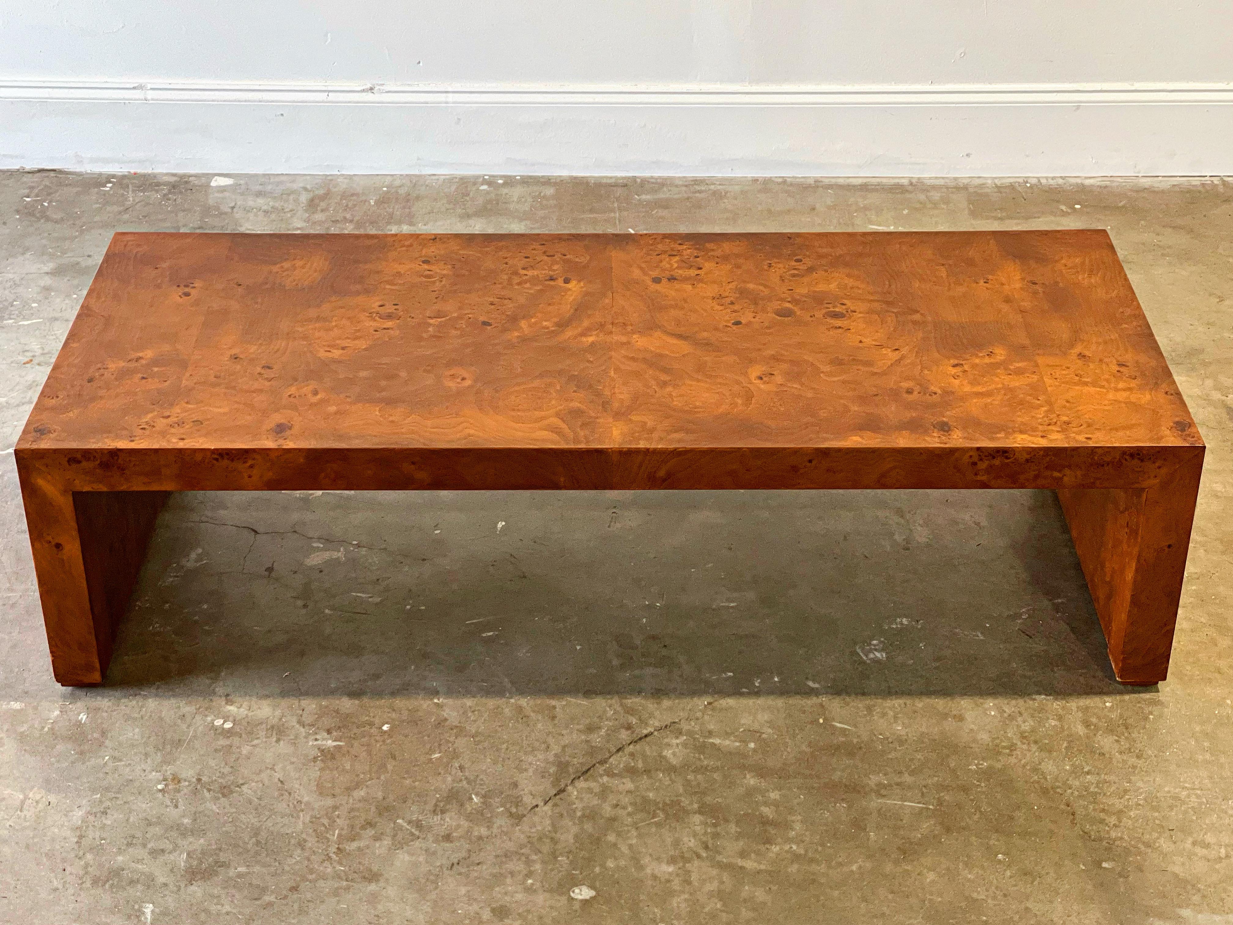 Midcentury Olive Burl Waterfall Cocktail Table, After Milo Baughman 1