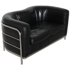 Midcentury "Onda" Black Leather Italian Sofa by De Pas, D'urbino for Zanotta