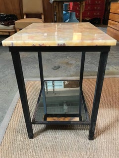 Midcentury Onyx Top Iron Side Table with Mirror Base, Pair
