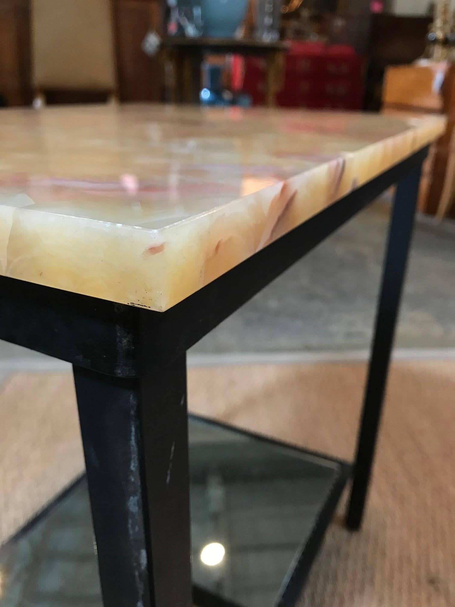 Midcentury Onyx Top Iron Side Table with Mirror Base, Pair In Good Condition For Sale In Dallas, TX