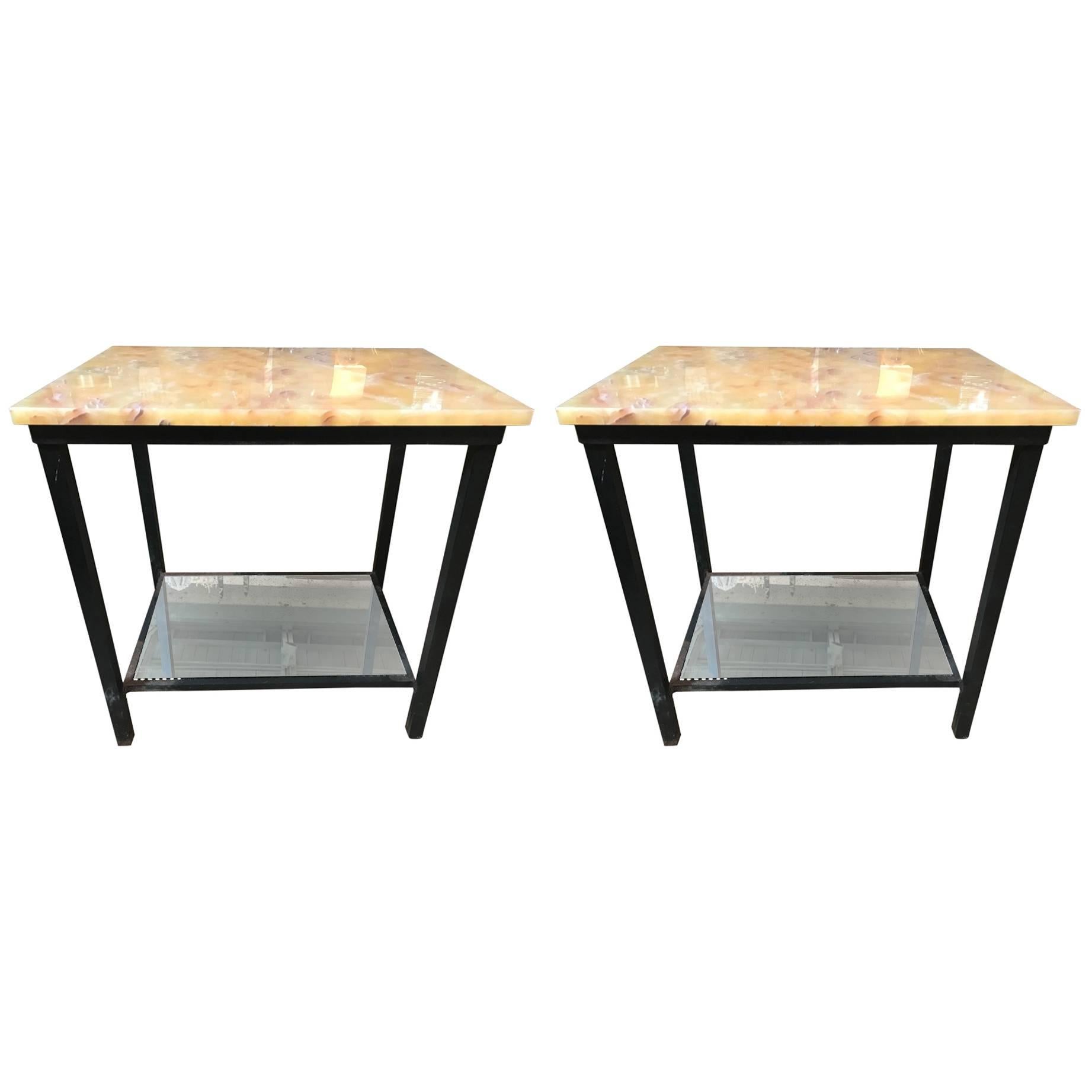 Midcentury Onyx Top Iron Side Table with Mirror Base, Pair