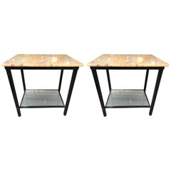 Mesa Auxiliar de Hierro con Tapa de Ónice y Base de Espejo, Pareja