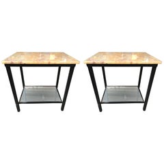 Midcentury Onyx Top Iron Side Table with Mirror Base, Pair