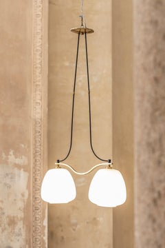 Midcentury Opaline Glass and Brass Pendant, Italy, 1950