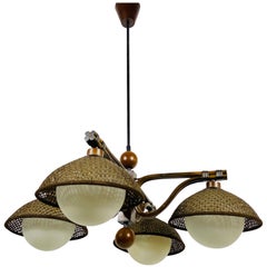 Midcentury Opaline Glass and Wooden Shade Hanging Lamp by Temde, circa 1960