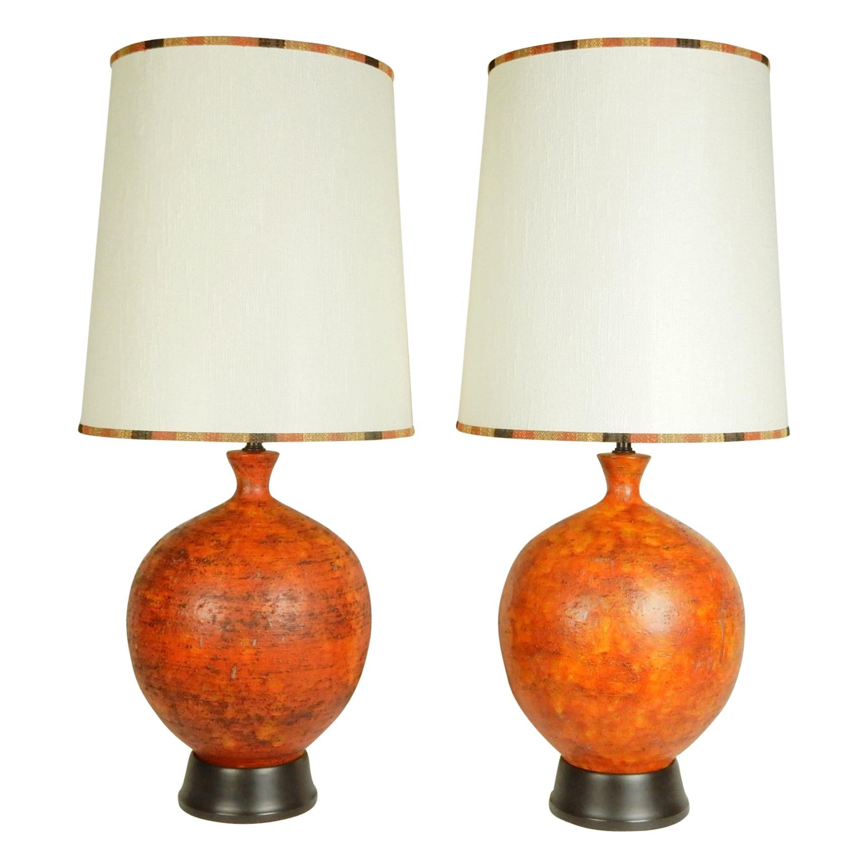 Mid Century Orange Iron Oxide Glaze Ceramic Orb Lamps by Feldman & Co.