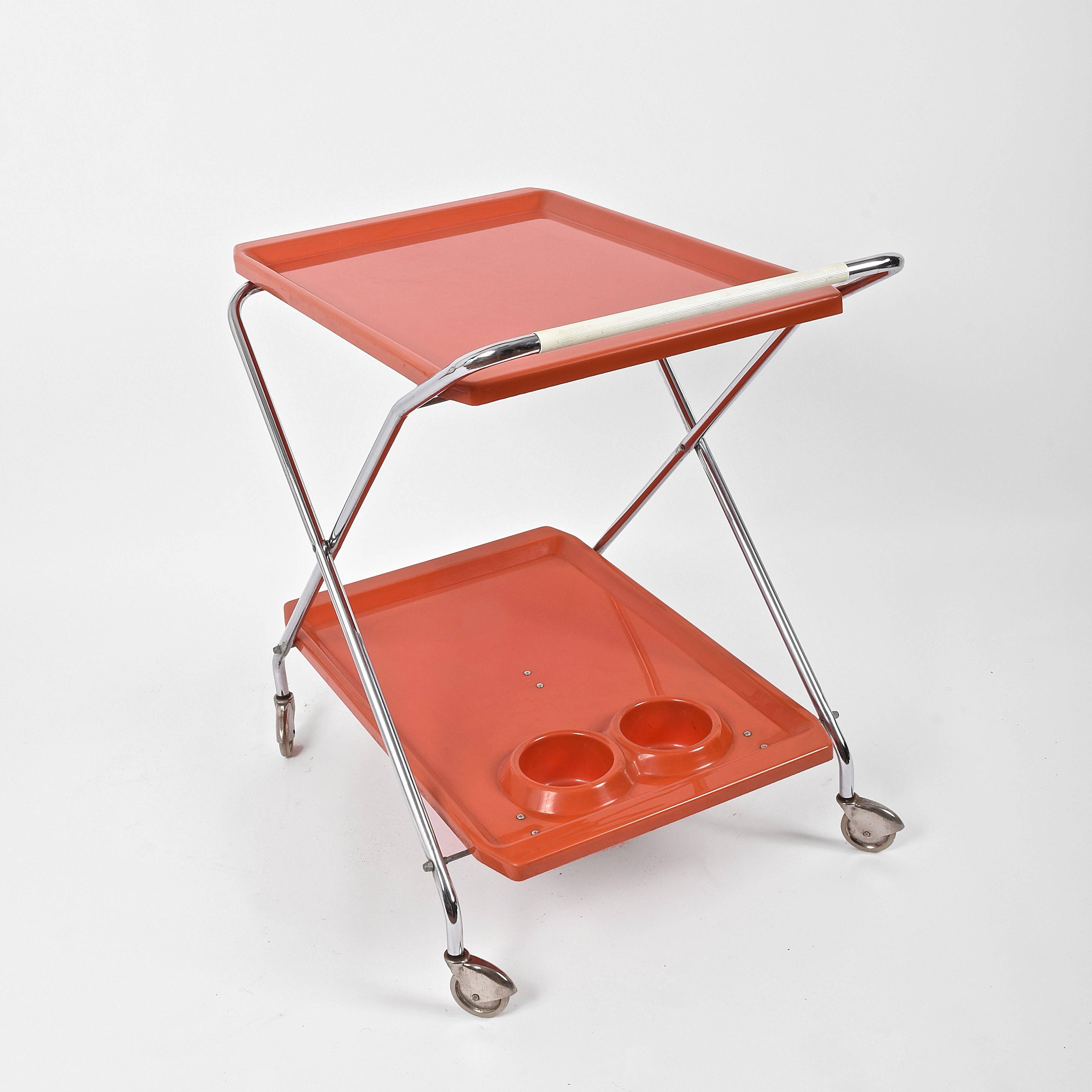 Midcentury Orange Plastic and Chromed Metal Italian Bar Folding Cart, 1950s 5