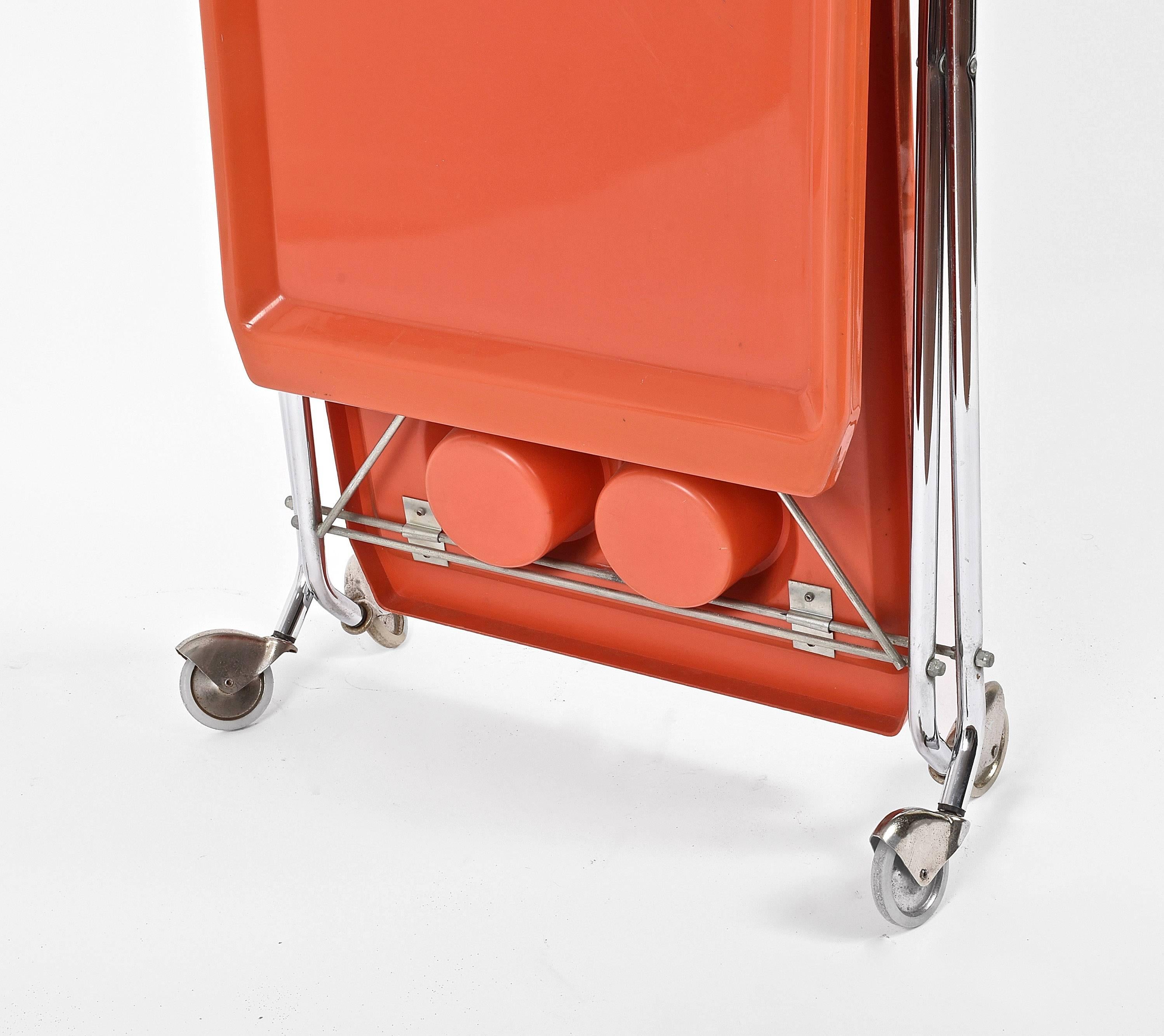 Midcentury Orange Plastic and Chromed Metal Italian Bar Folding Cart, 1950s 6