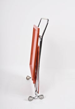 Midcentury Orange Plastic and Chromed Metal Italian Bar Folding Cart, 1950s