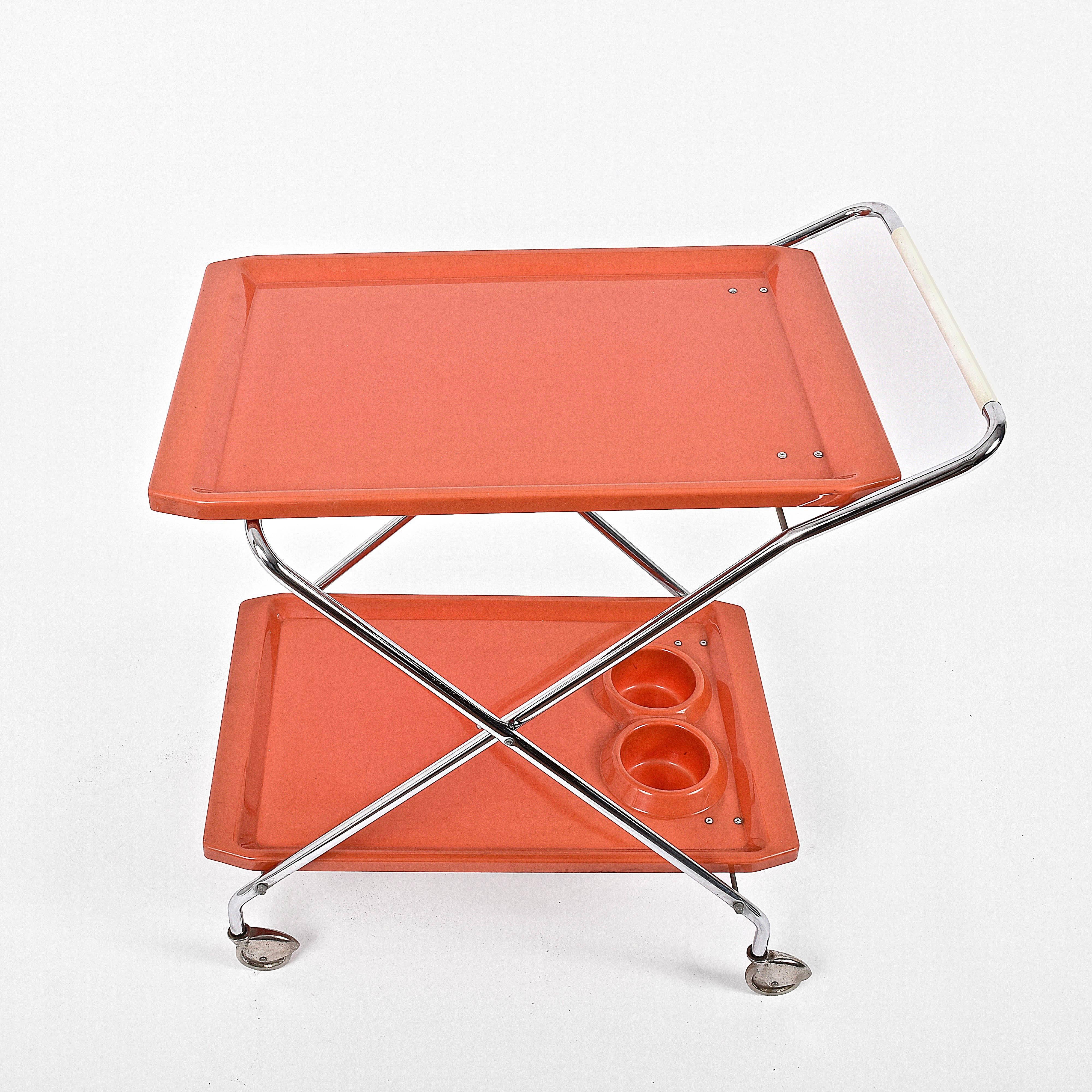Midcentury Orange Plastic and Chromed Metal Italian Bar Folding Cart, 1950s 1