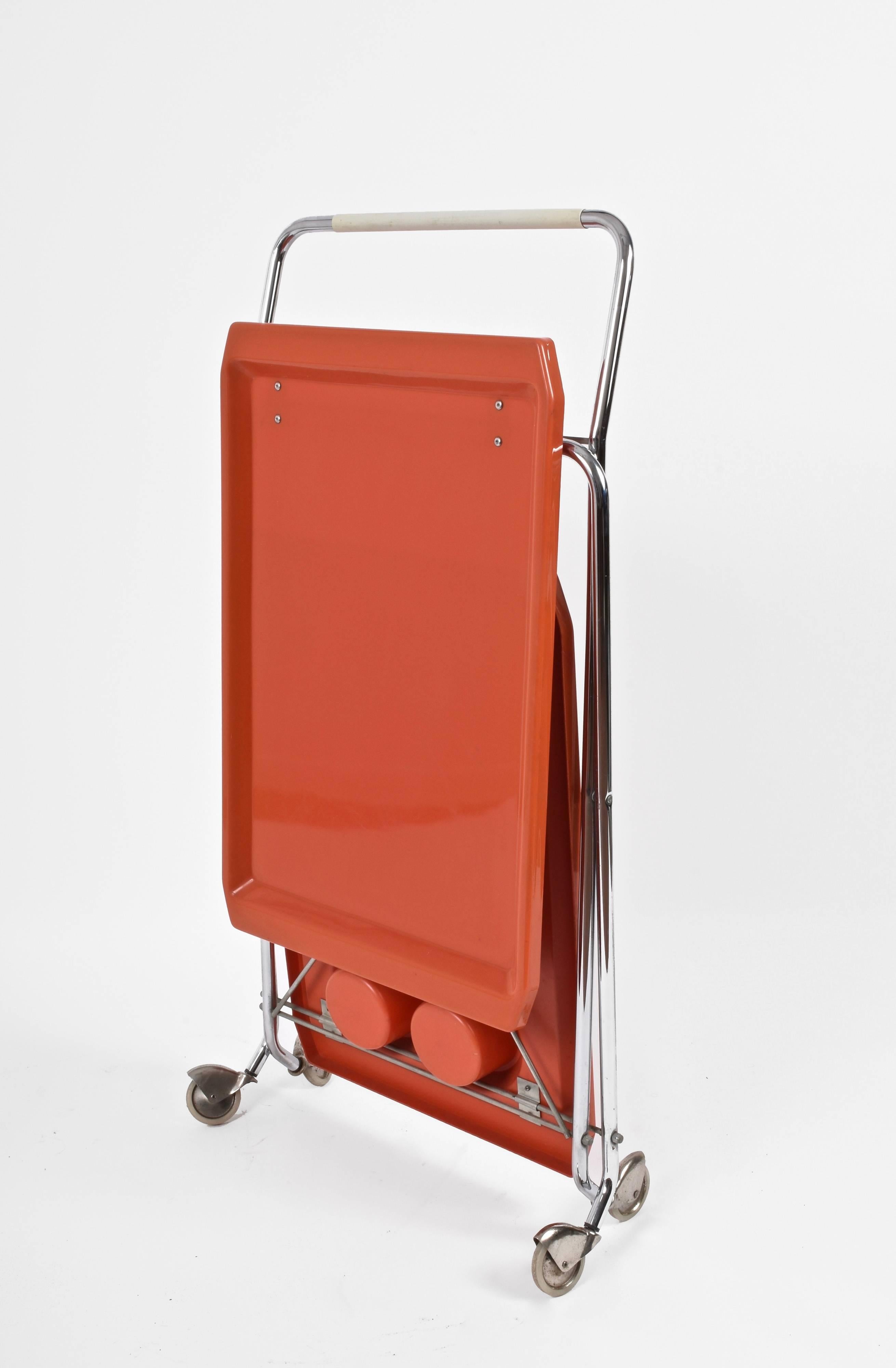 Midcentury Orange Plastic and Chromed Metal Italian Bar Folding Cart, 1950s 2