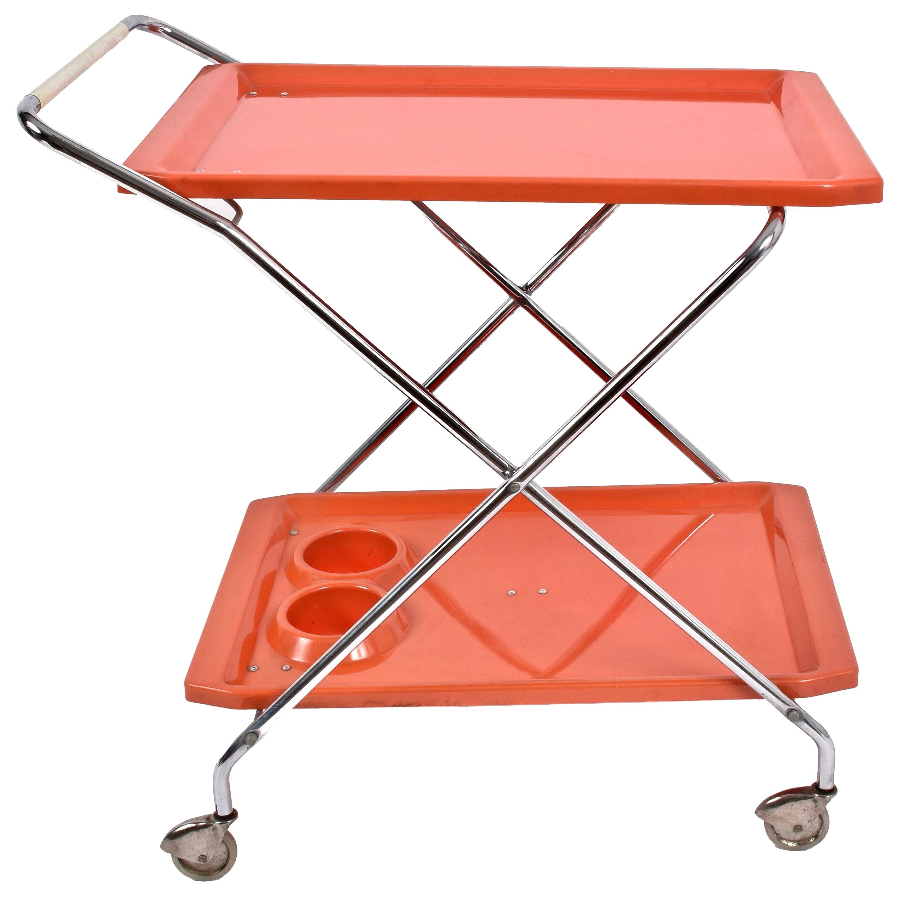 Midcentury Orange Plastic and Chromed Metal Italian Bar Folding Cart, 1950s