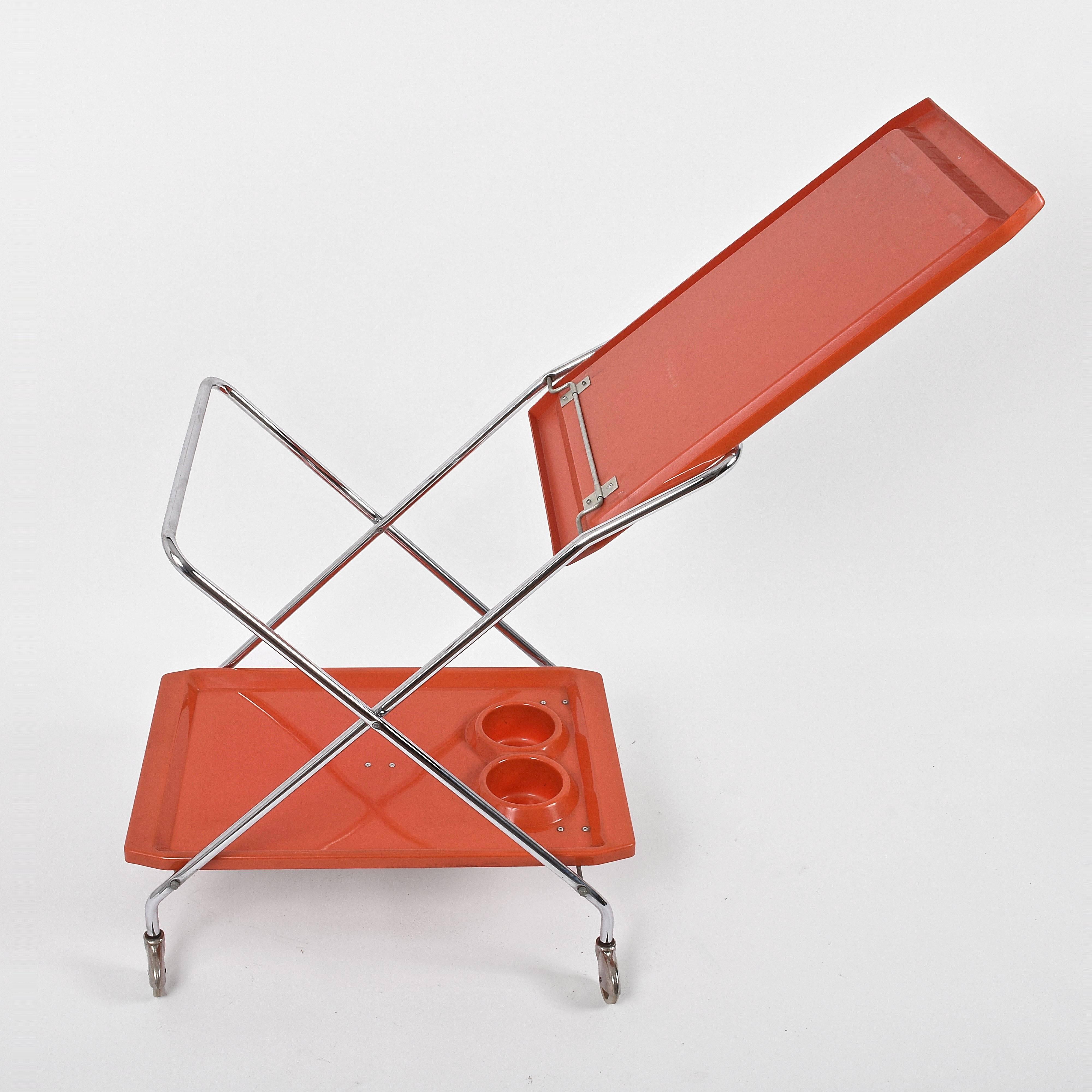 Midcentury Orange Plastic and Chromed Metal Italian Foldable Bar Cart, 1950s 5