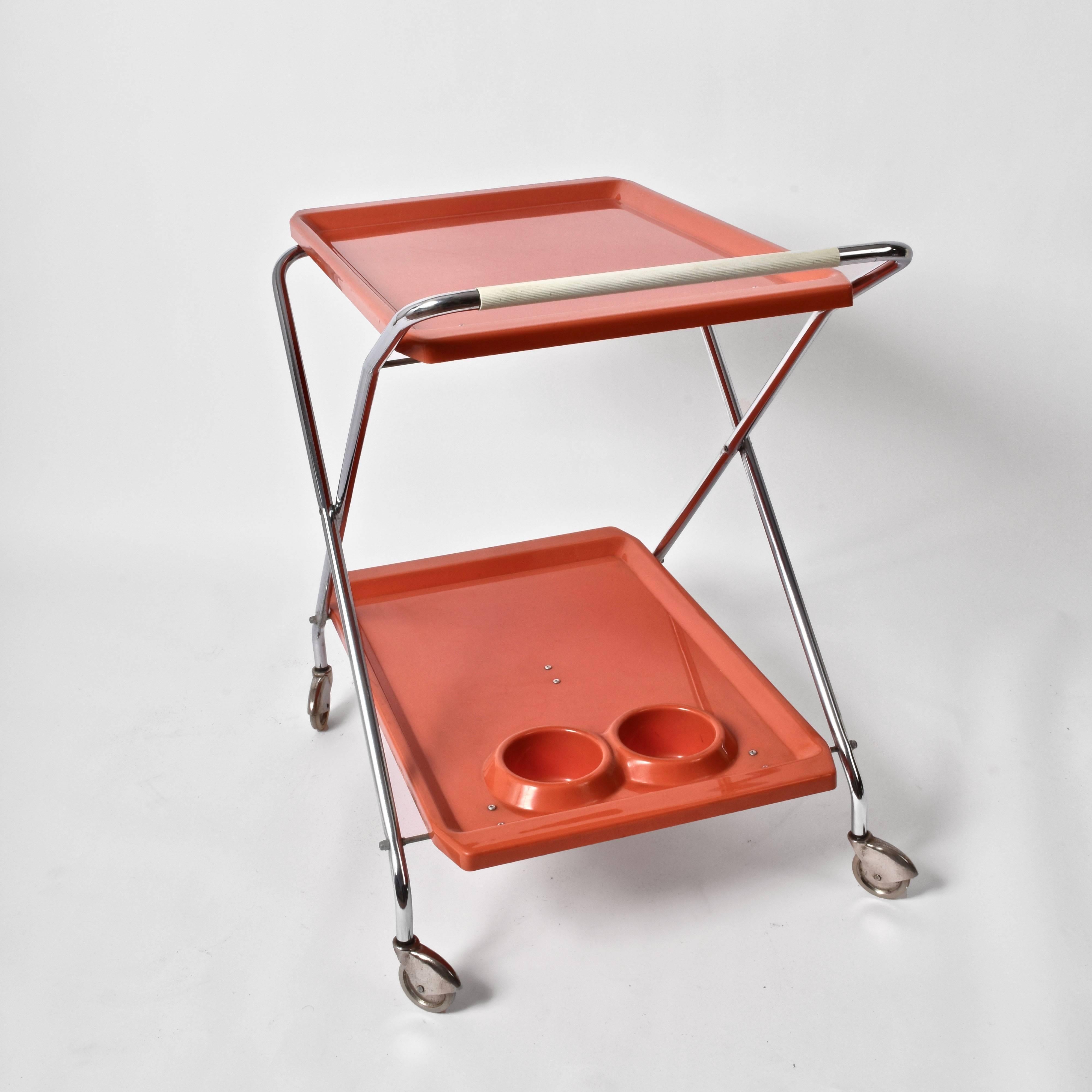 Mid-20th Century Midcentury Orange Plastic and Chromed Metal Italian Foldable Bar Cart, 1950s