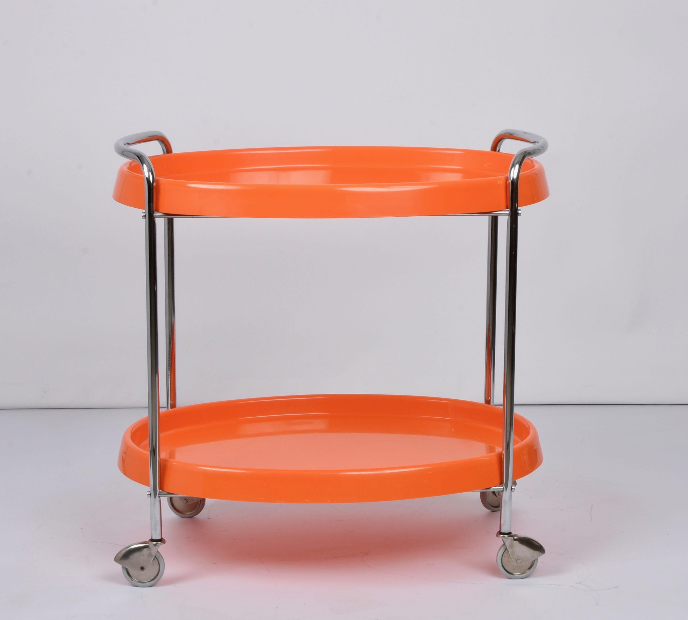 Midcentury Orange Plastic and Metal Chrome Oval Italian Bar Cart, 1950s 4