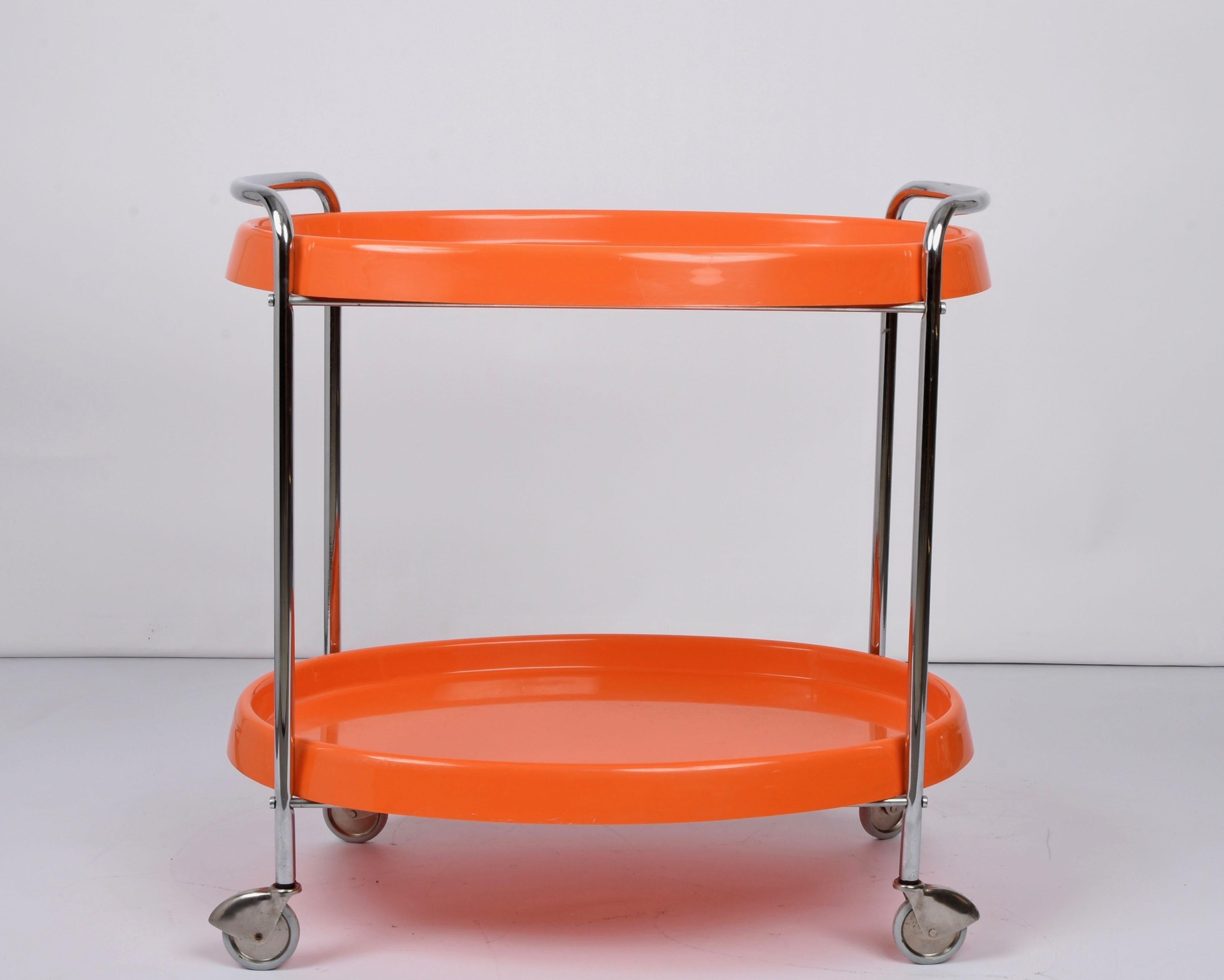 Midcentury Orange Plastic and Metal Chrome Oval Italian Bar Cart, 1950s 5