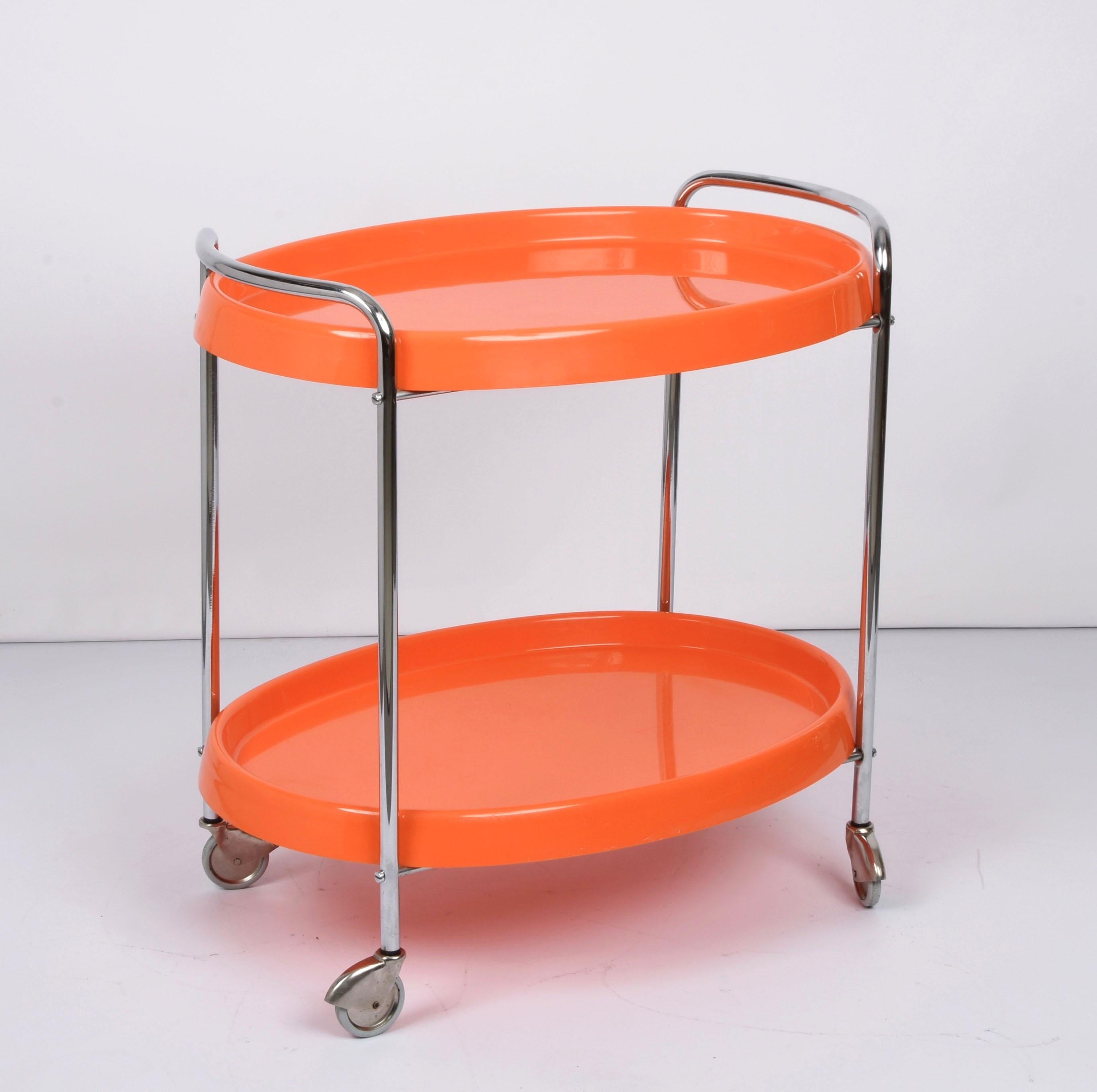 Midcentury Orange Plastic and Metal Chrome Oval Italian Bar Cart, 1950s 6