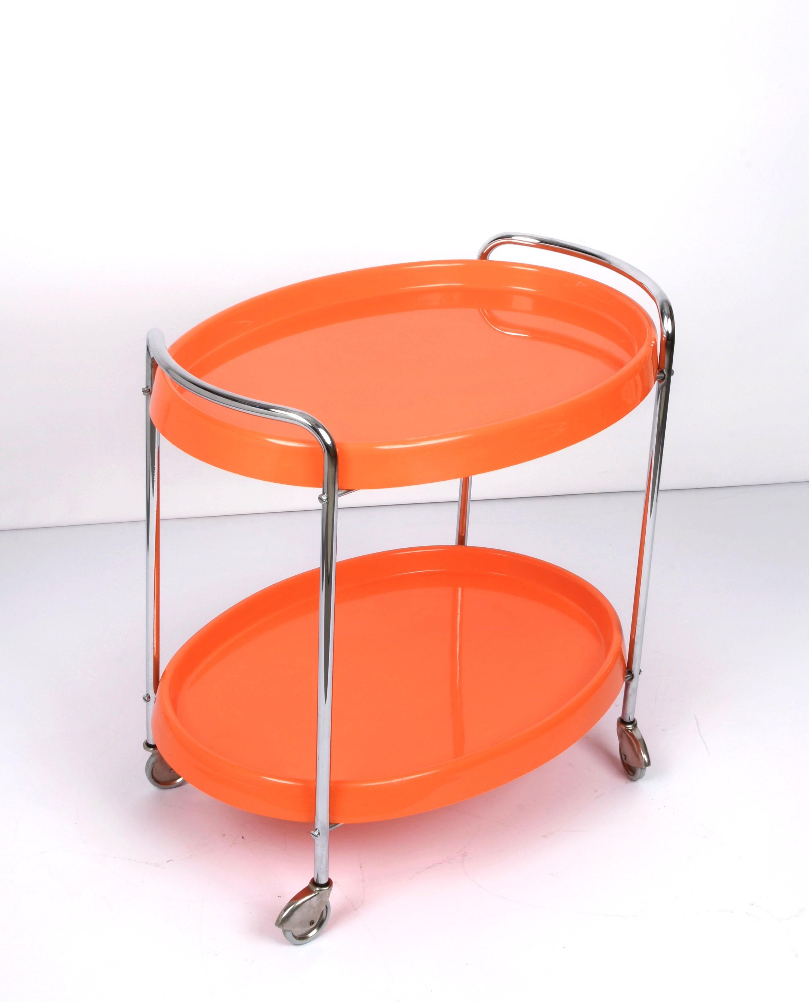 Midcentury Orange Plastic and Metal Chrome Oval Italian Bar Cart, 1950s 7