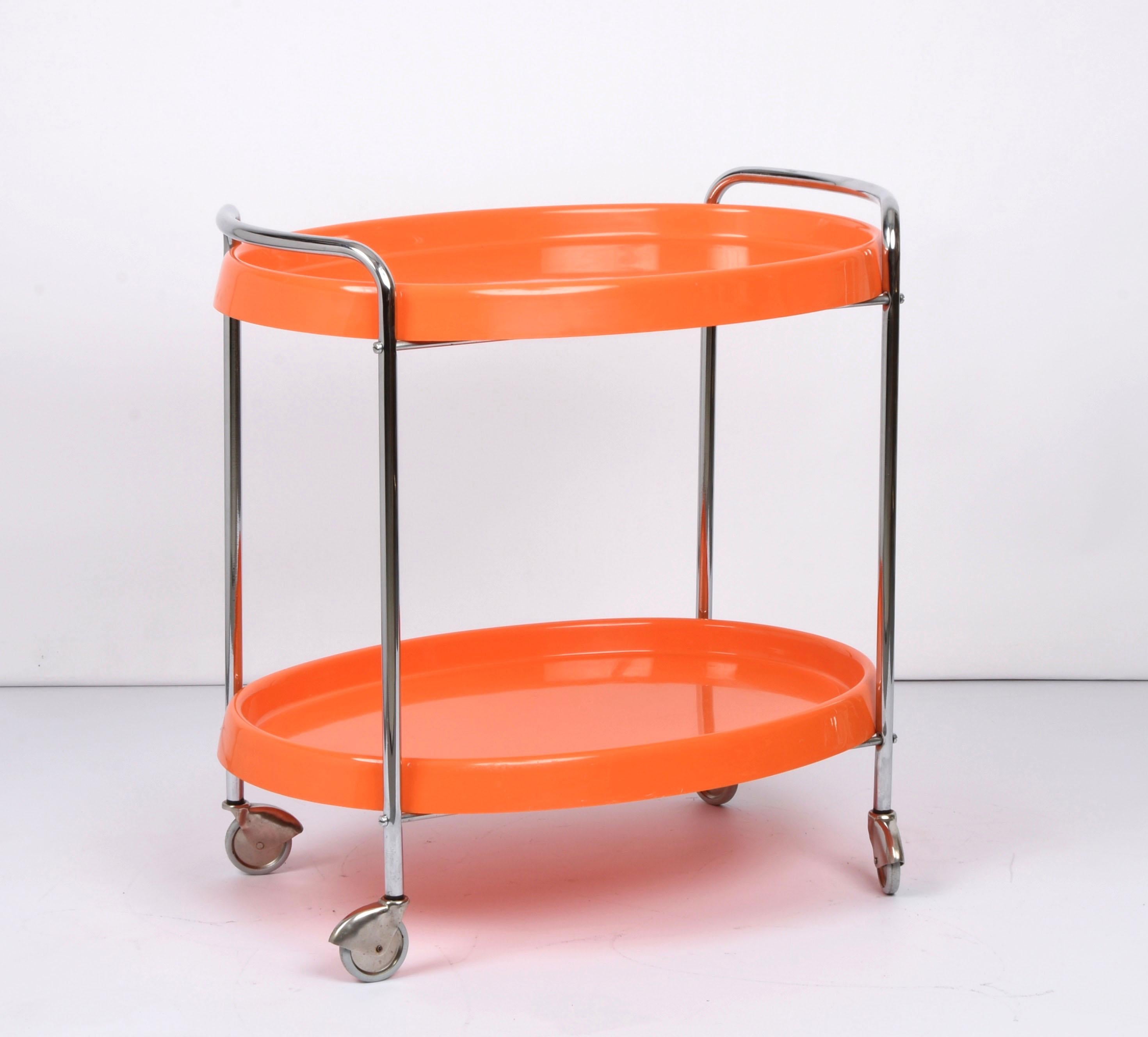 Midcentury Orange Plastic and Metal Chrome Oval Italian Bar Cart, 1950s 8