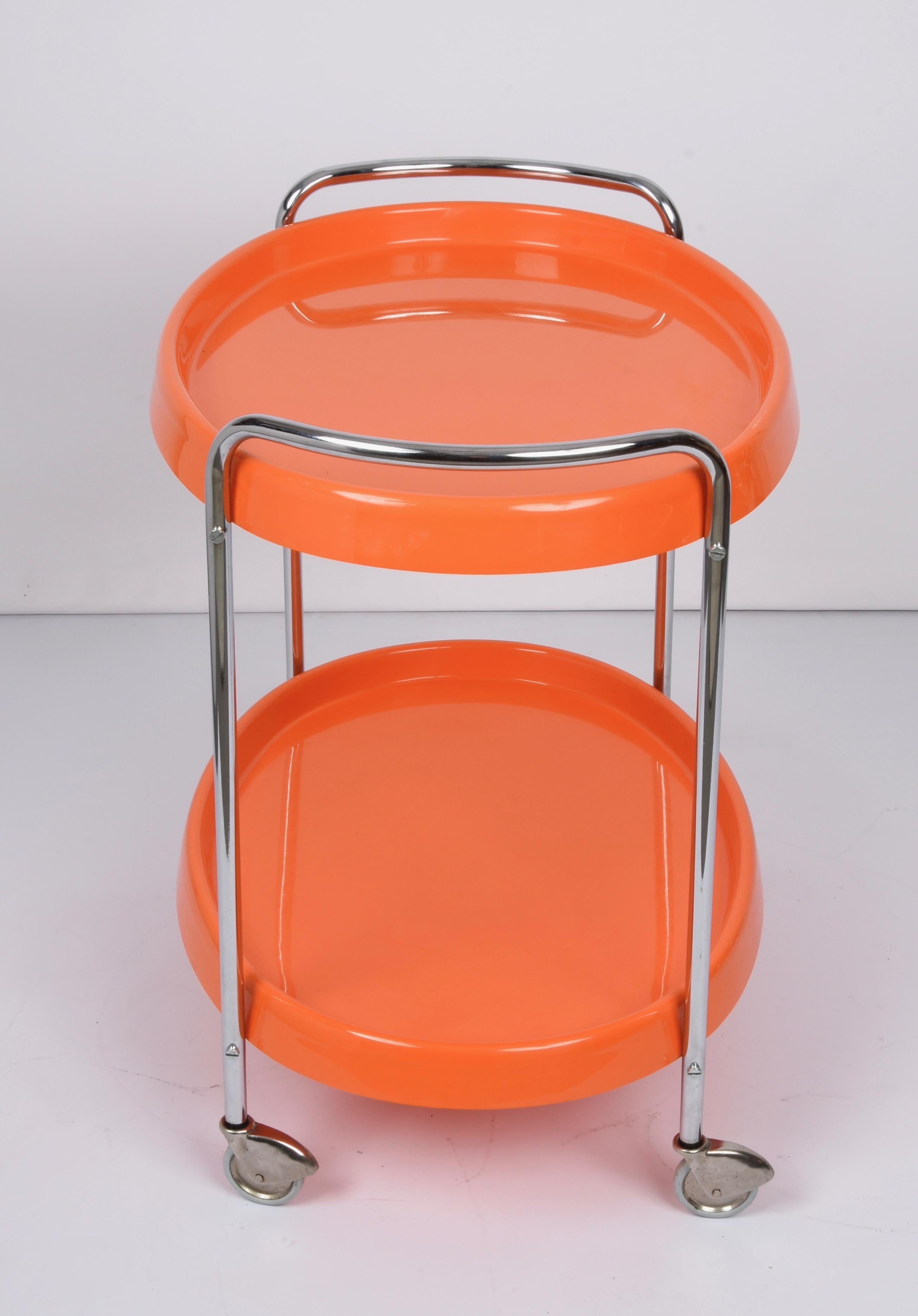 Midcentury Orange Plastic and Metal Chrome Oval Italian Bar Cart, 1950s 11