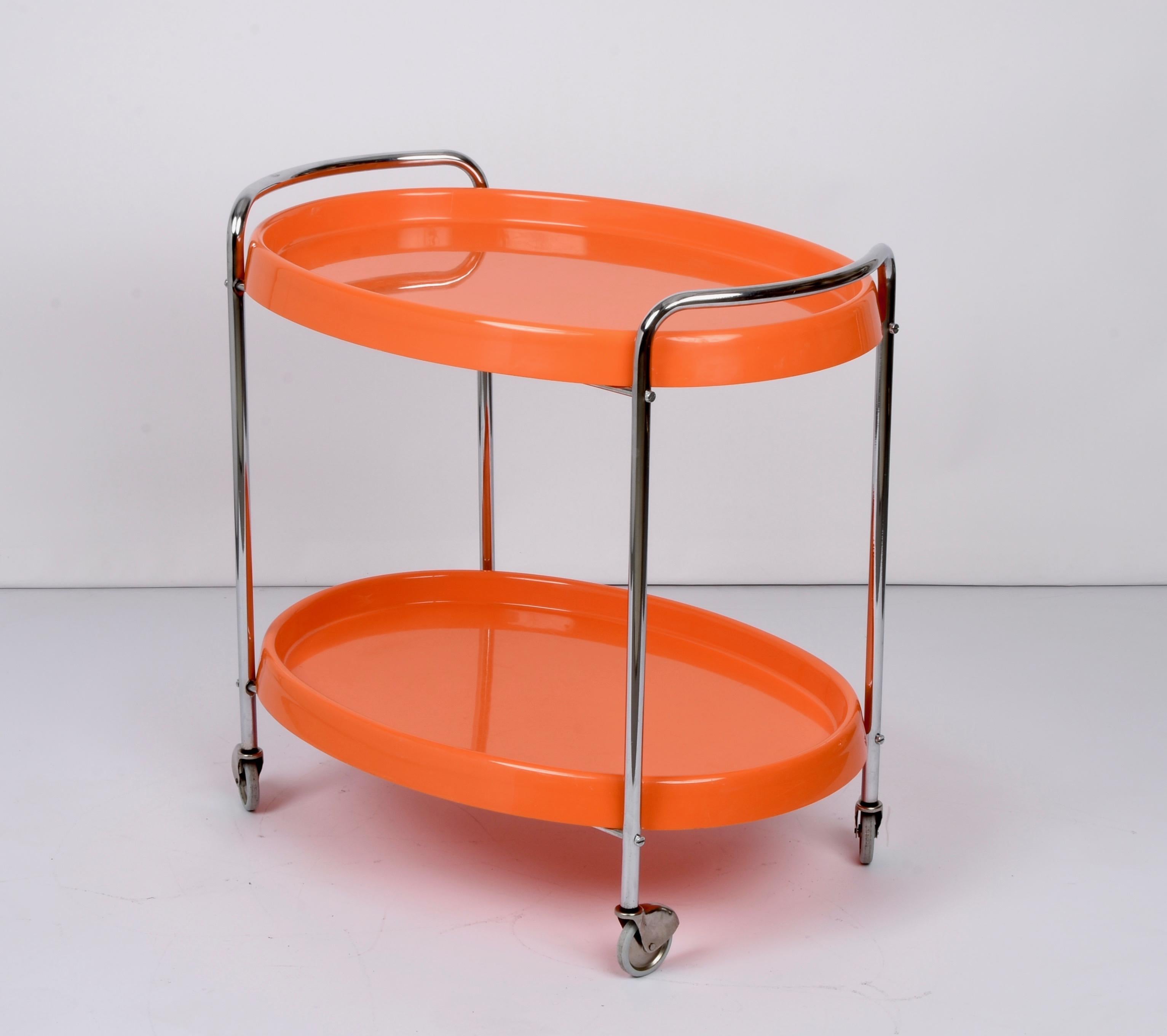 Midcentury Orange Plastic and Metal Chrome Oval Italian Bar Cart, 1950s 12